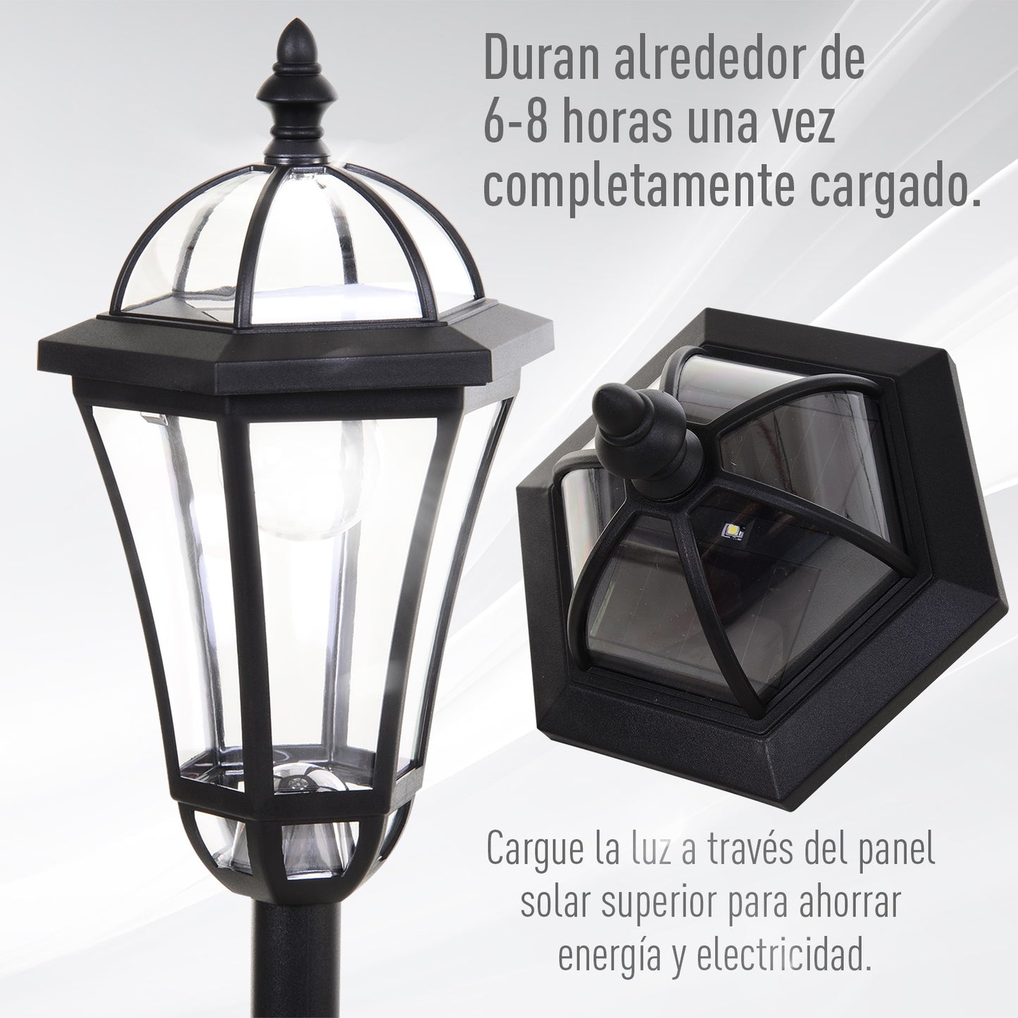 Outsunny 2 Farolas Solares de Jardín con 2 Luces LED Blanca 6000K Impermeable IP44 Sensor de Noche Set de 2 Farolas de Exterior para Camino Terraza Patio 18,5x18,5x129 cm Negro