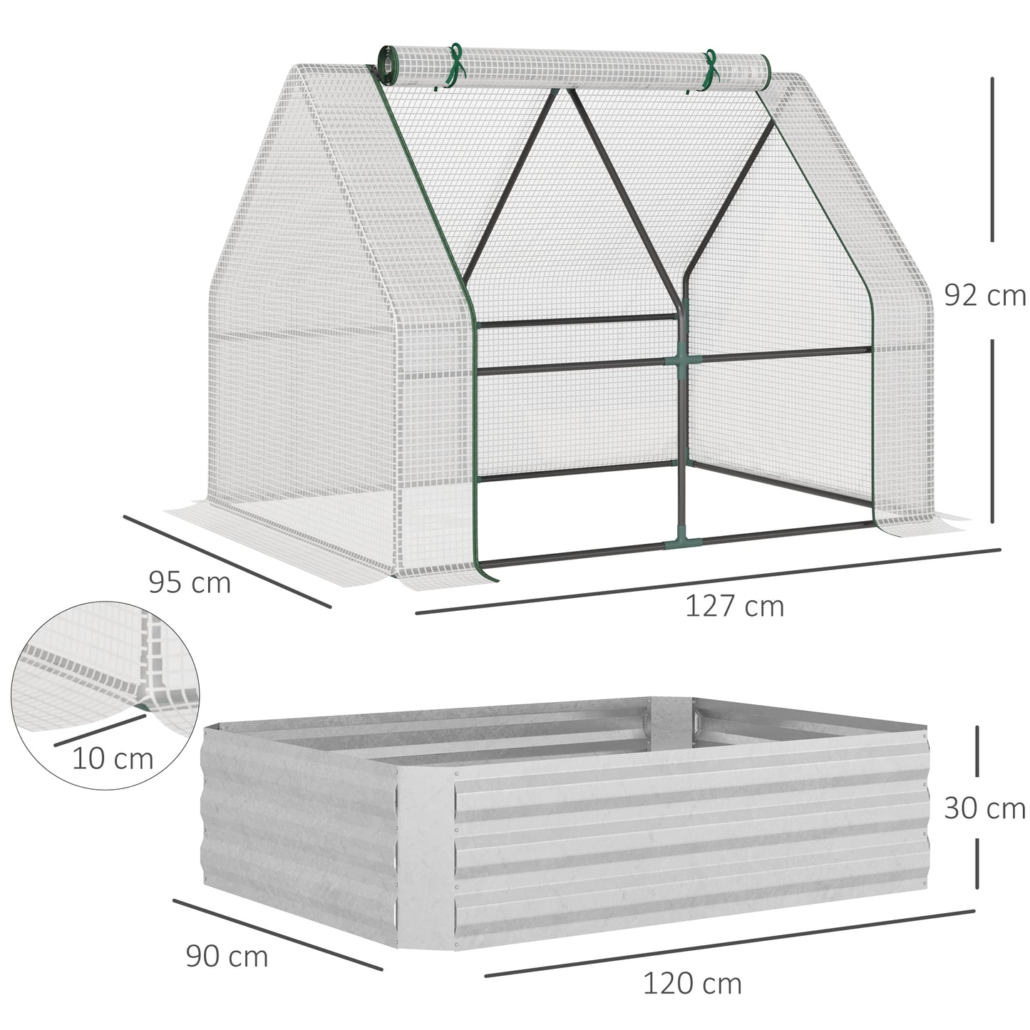 Outsunny Huerto Urbano con Invernadero Invernadero de Exterior 127x95x92 cm Tipo Caseta con Arriate de Acero Interior Ventana Enrollable y Cubierta de PE 140 g/m² para Cultivos Plantas Flores Blanco