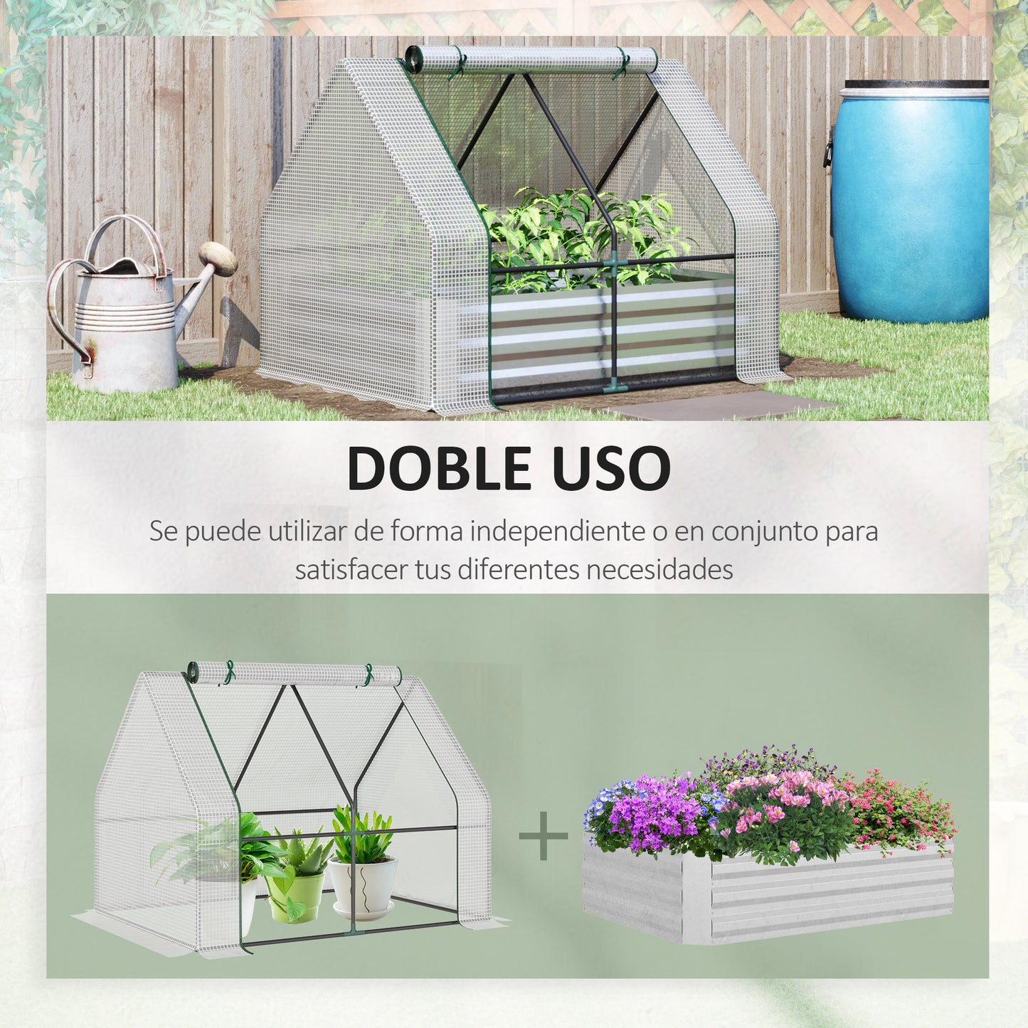 Outsunny Huerto Urbano con Invernadero Invernadero de Exterior 127x95x92 cm Tipo Caseta con Arriate de Acero Interior Ventana Enrollable y Cubierta de PE 140 g/m² para Cultivos Plantas Flores Blanco