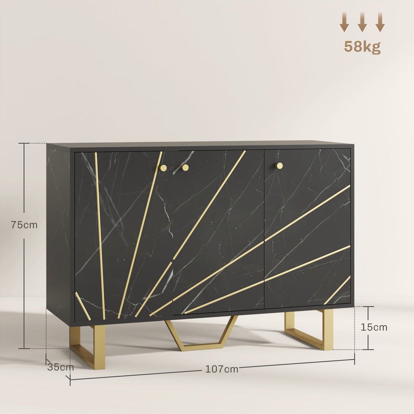 HOMCOM Aparador Moderno Aparador de Salón con 2 Puertas y Estante Ajustable Mueble Auxiliar para Salón con Efecto Mármol Antivuelco 107x35x75 cm Negro y Dorado