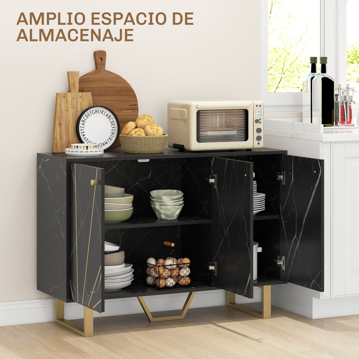 HOMCOM Aparador Moderno Aparador de Salón con 2 Puertas y Estante Ajustable Mueble Auxiliar para Salón con Efecto Mármol Antivuelco 107x35x75 cm Negro y Dorado