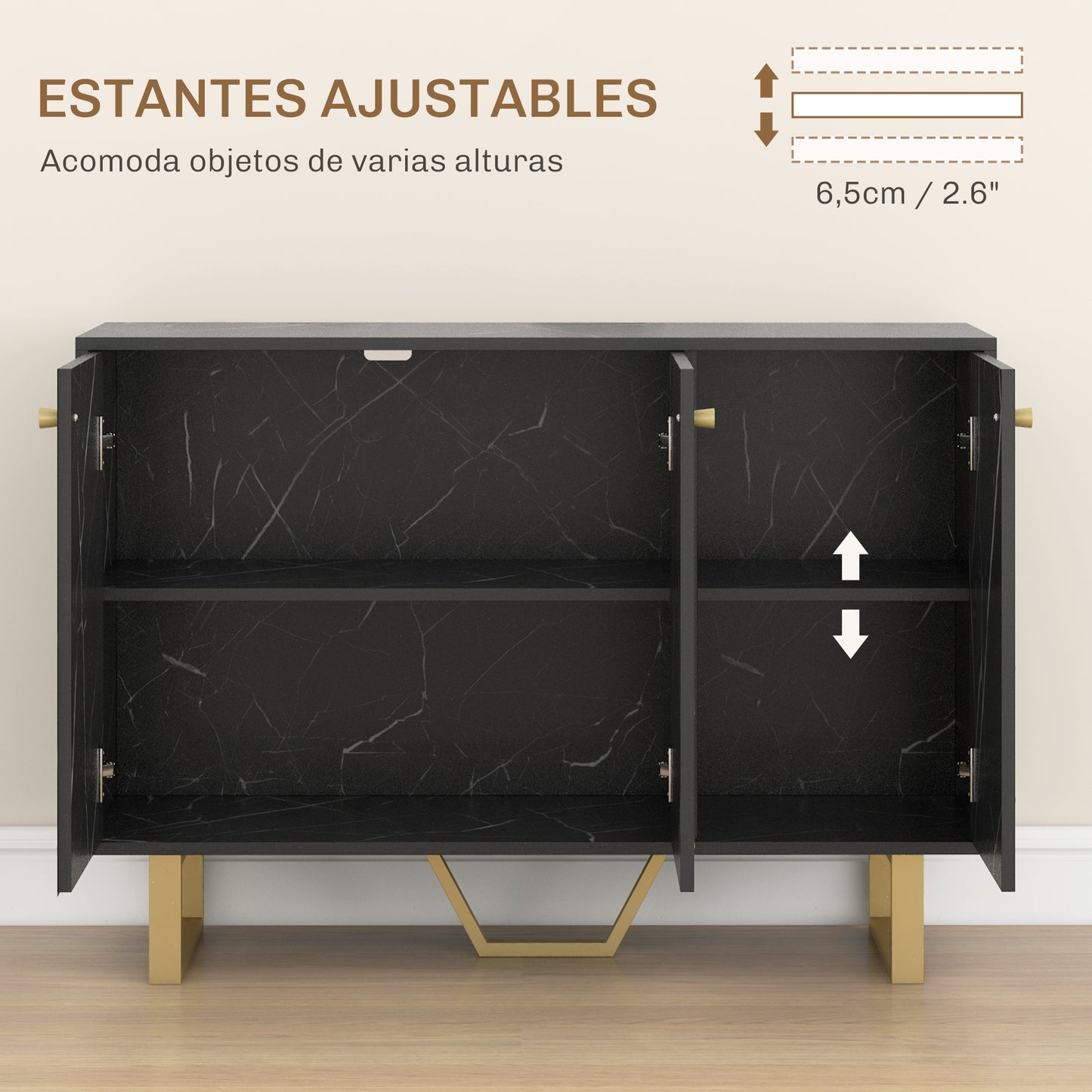 HOMCOM Aparador Moderno Aparador de Salón con 2 Puertas y Estante Ajustable Mueble Auxiliar para Salón con Efecto Mármol Antivuelco 107x35x75 cm Negro y Dorado