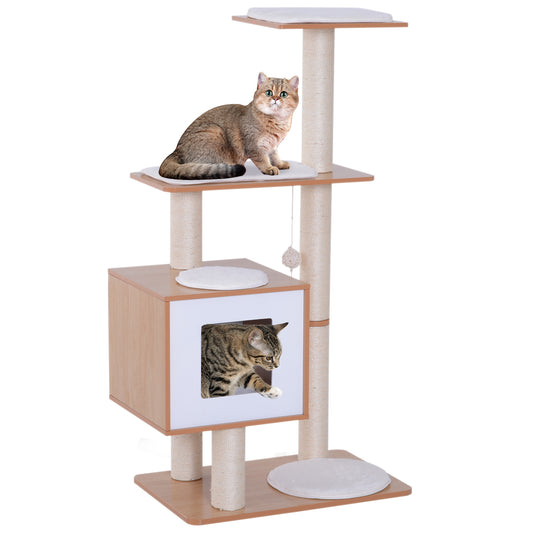 PawHut Árbol Rascador para Gatos de Madera 71,5x49,5x120 cm Torre de Gato con Cueva Plataformas Postes Rascadores de Sisal Cojines de Felpa Suave y Bolas Colgantes Natural