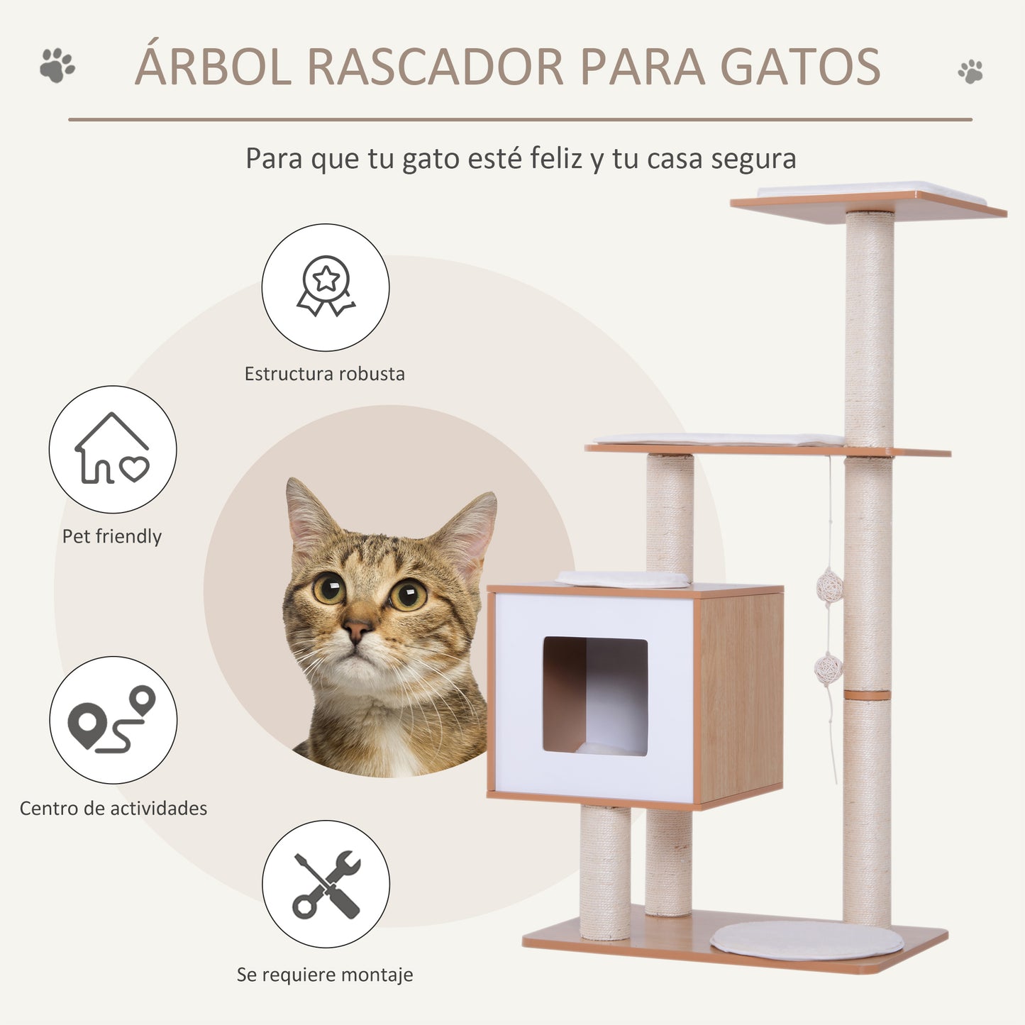 PawHut Árbol Rascador para Gatos de Madera 71,5x49,5x120 cm Torre de Gato con Cueva Plataformas Postes Rascadores de Sisal Cojines de Felpa Suave y Bolas Colgantes Natural