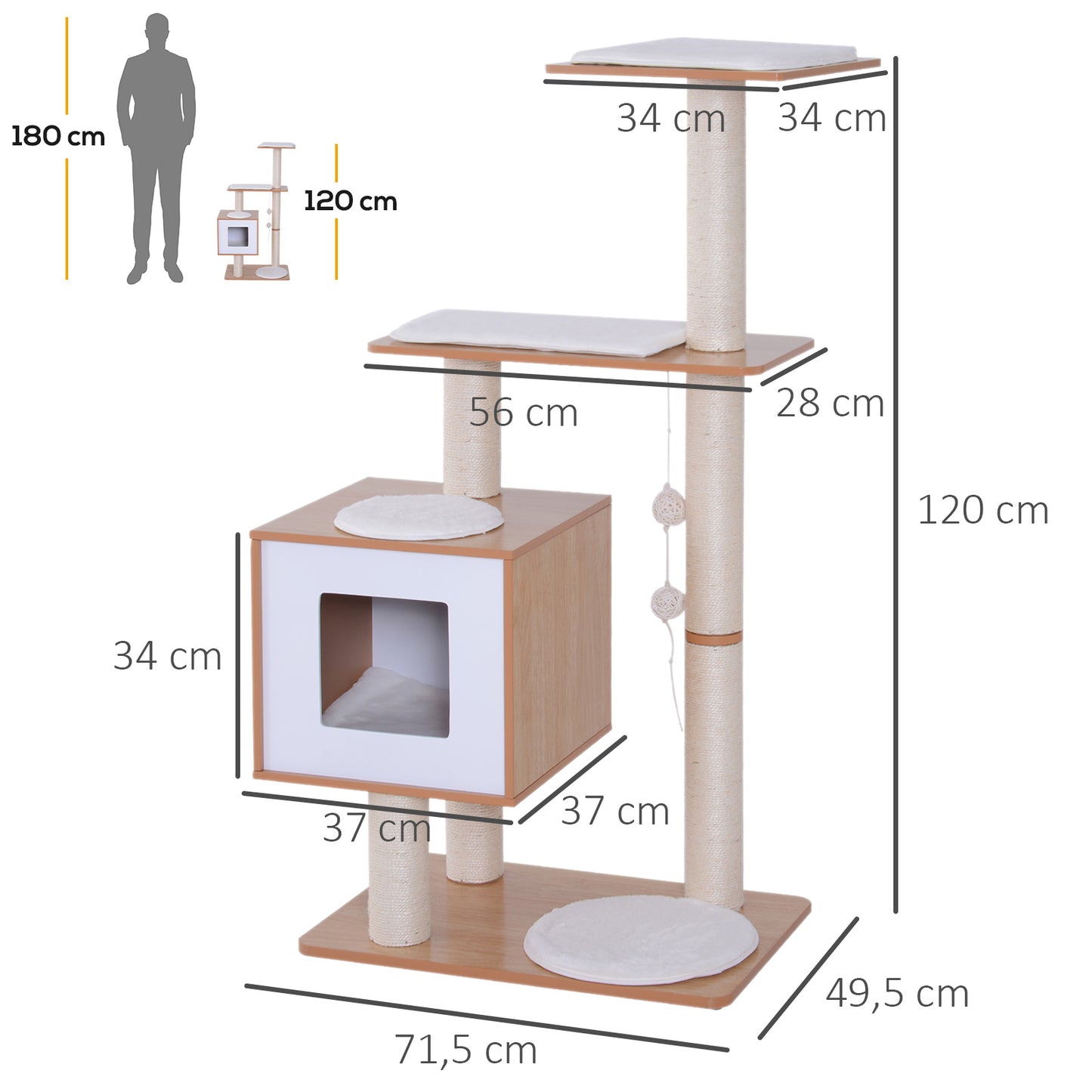 PawHut Árbol Rascador para Gatos de Madera 71,5x49,5x120 cm Torre de Gato con Cueva Plataformas Postes Rascadores de Sisal Cojines de Felpa Suave y Bolas Colgantes Natural