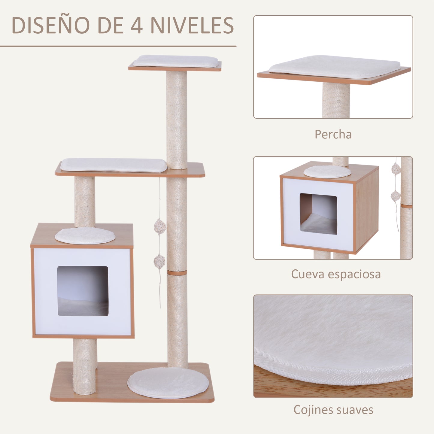 PawHut Árbol Rascador para Gatos de Madera 71,5x49,5x120 cm Torre de Gato con Cueva Plataformas Postes Rascadores de Sisal Cojines de Felpa Suave y Bolas Colgantes Natural