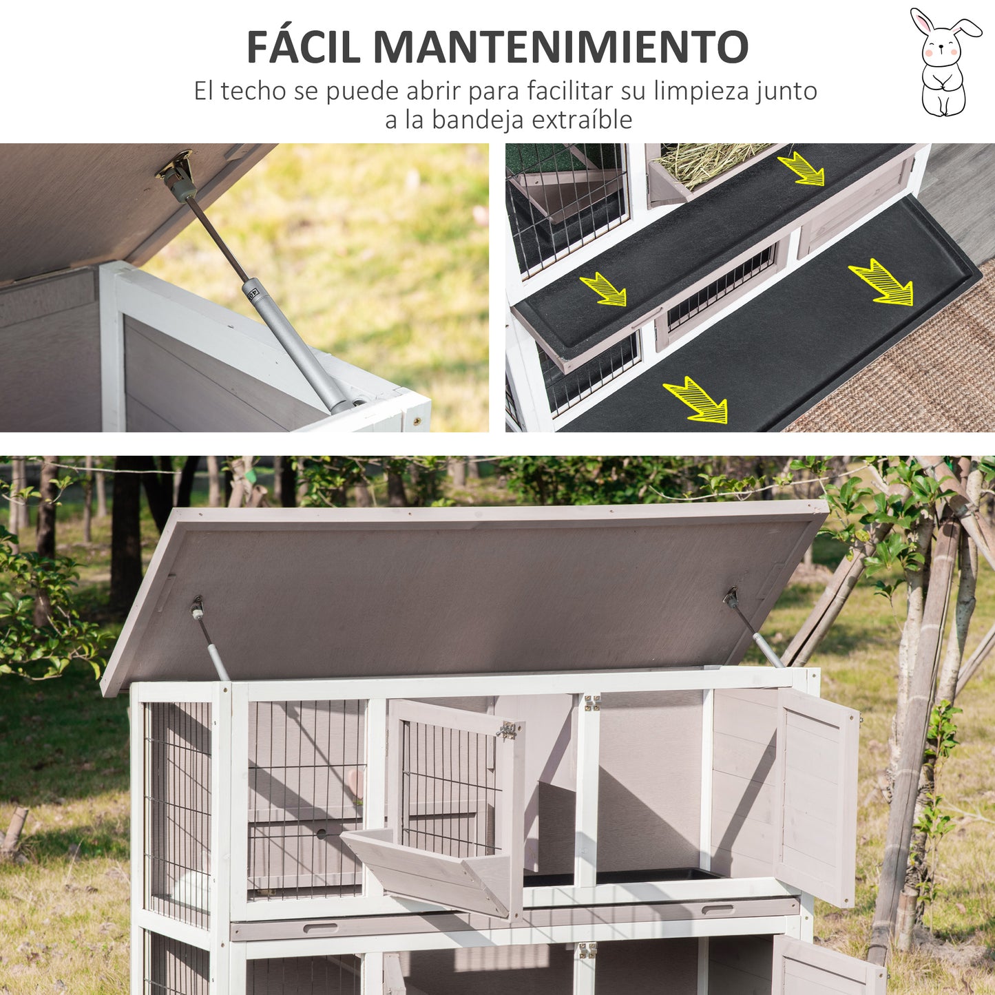 PawHut Conejera de Madera Exterior de 2 Niveles Jaula para 1-2 Conejos con Techo Abrible Comedero Bandejas Extraíbles Rampa y Puertas con Cerradura 122x50x101 cm Marrón