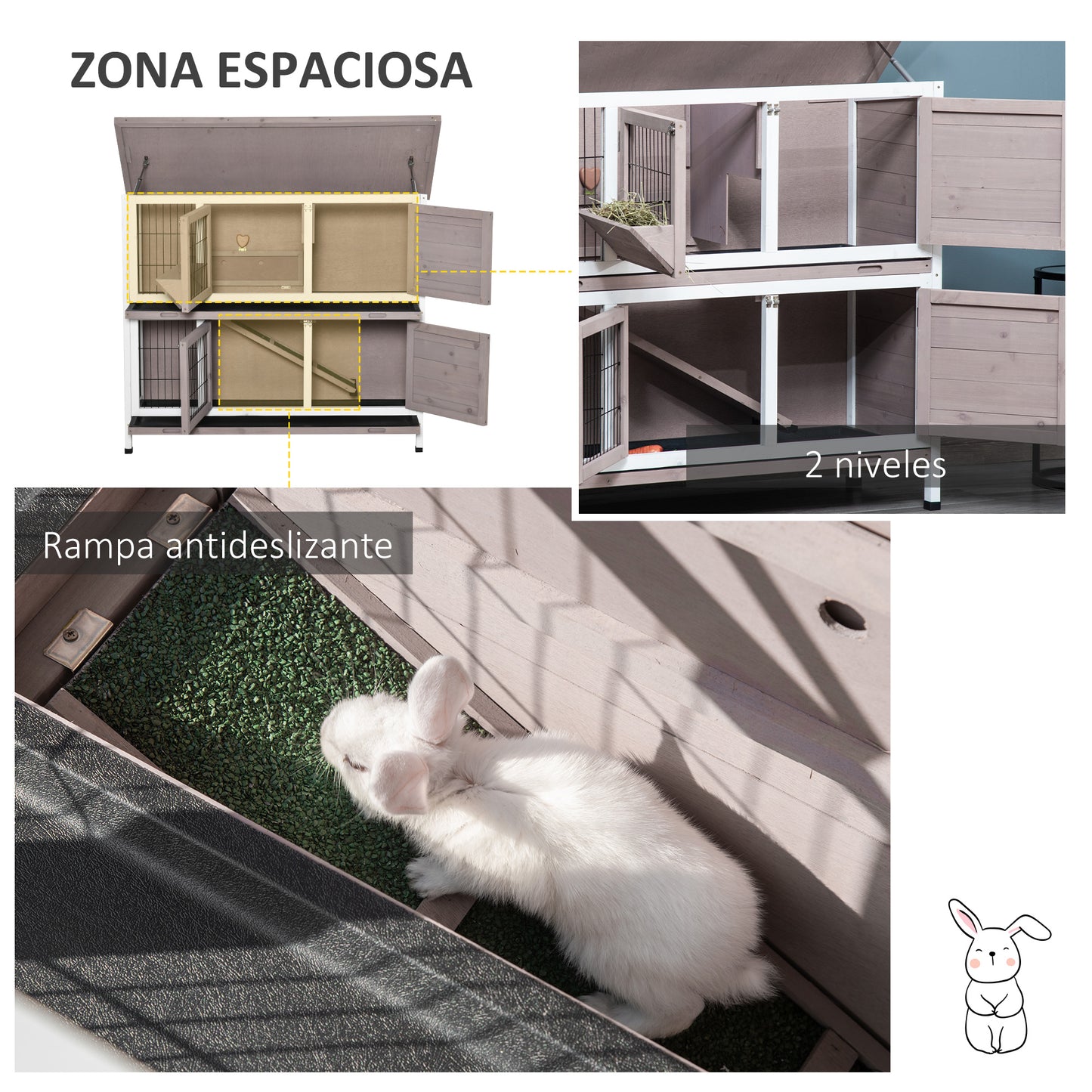 PawHut Conejera de Madera Exterior de 2 Niveles Jaula para 1-2 Conejos con Techo Abrible Comedero Bandejas Extraíbles Rampa y Puertas con Cerradura 122x50x101 cm Marrón