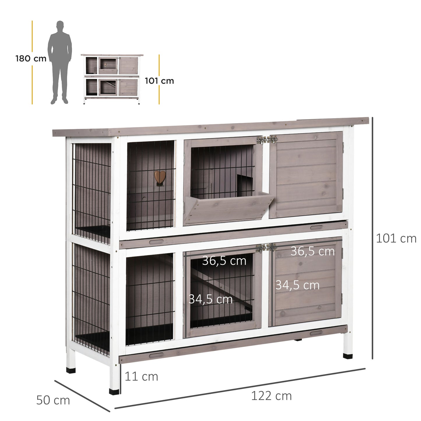 PawHut Conejera de Madera Exterior de 2 Niveles Jaula para 1-2 Conejos con Techo Abrible Comedero Bandejas Extraíbles Rampa y Puertas con Cerradura 122x50x101 cm Marrón