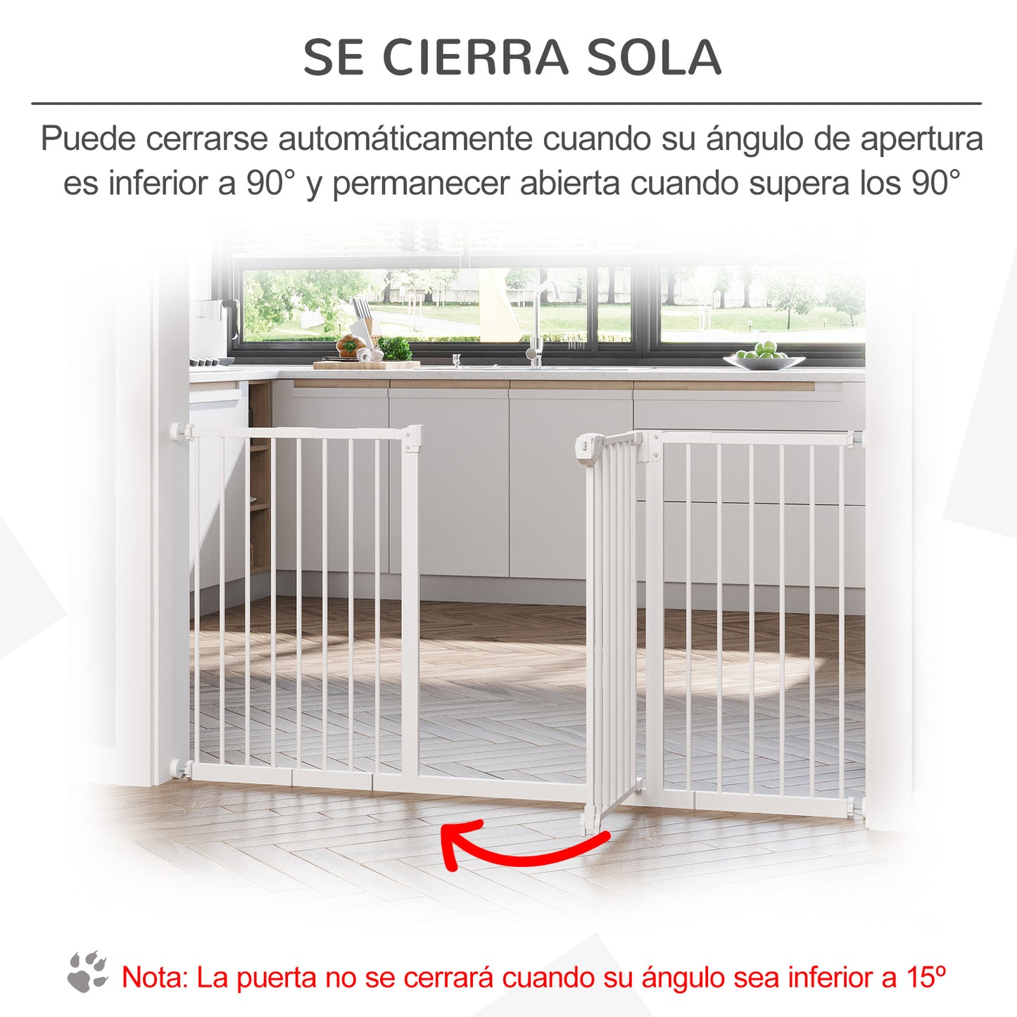 PawHut Barrera de Seguridad Extensible para Puertas y Escaleras Barrera para Perros con Cierre Automático y Sistema de Doble Bloqueo Metal 74-147,5x76,2 cm Blanco