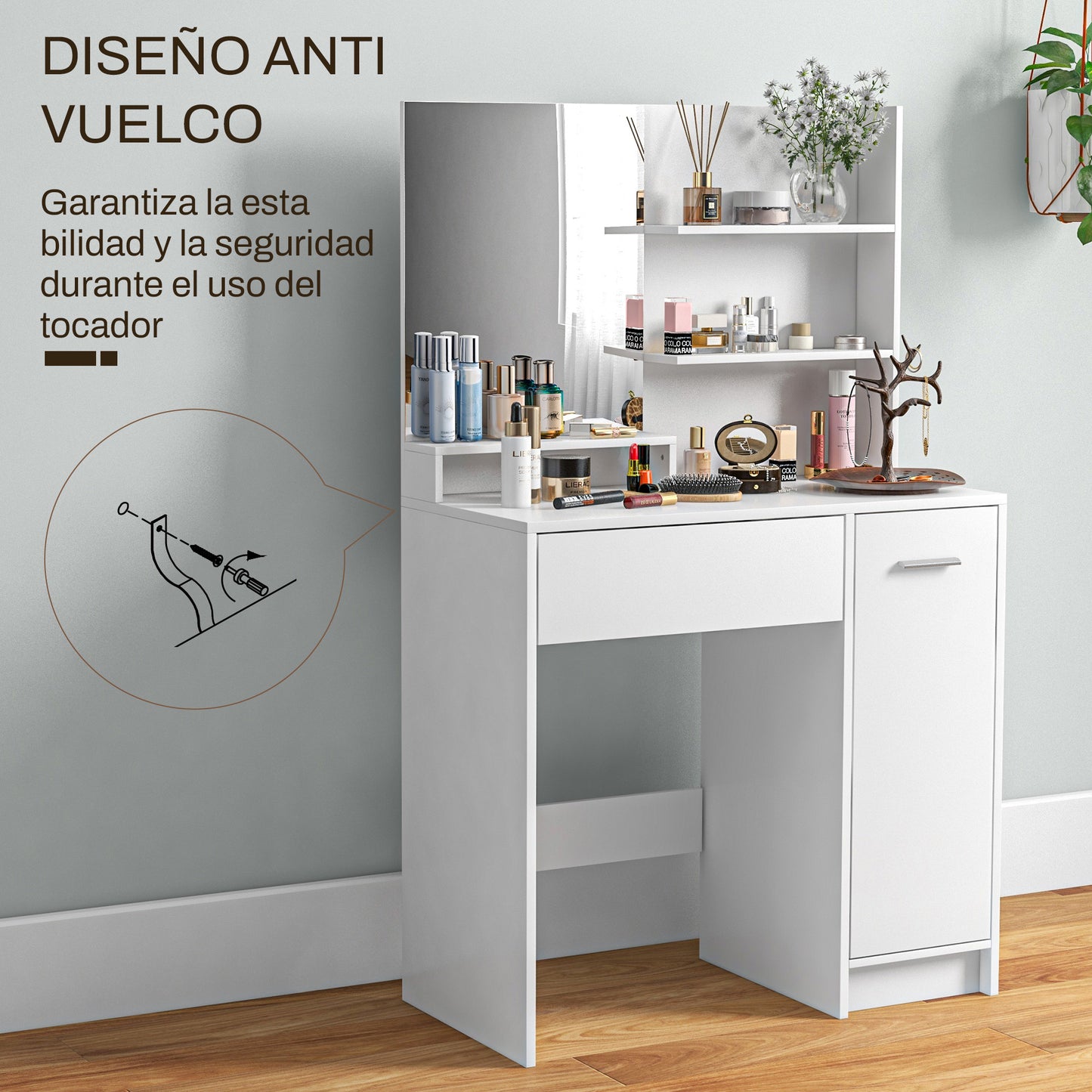 HOMCOM Tocador de Maquillaje con Taburete Mesa de Maquillaje con Espejo Estantes Abiertos Cajón y Estante Ajustable Anti-vuelco para Dormitorio Salón Blanco