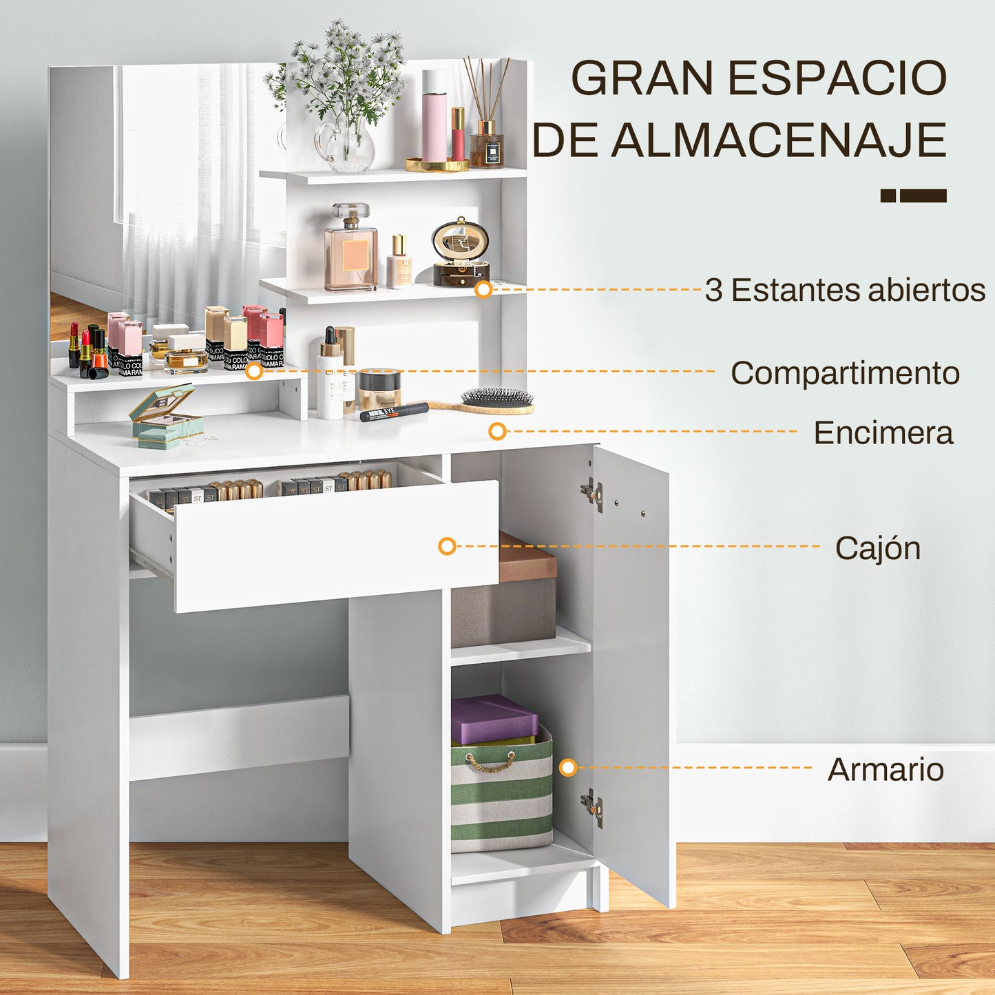 HOMCOM Tocador de Maquillaje con Taburete Mesa de Maquillaje con Espejo Estantes Abiertos Cajón y Estante Ajustable Anti-vuelco para Dormitorio Salón Blanco