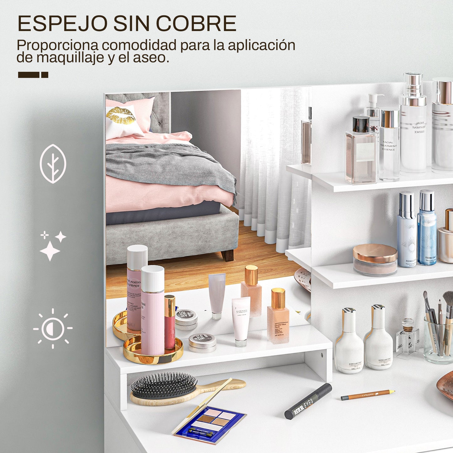 HOMCOM Tocador de Maquillaje con Taburete Mesa de Maquillaje con Espejo Estantes Abiertos Cajón y Estante Ajustable Anti-vuelco para Dormitorio Salón Blanco