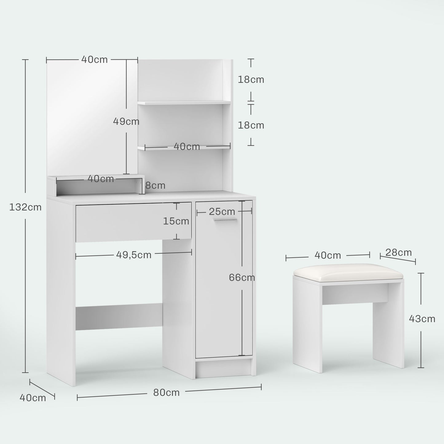 HOMCOM Tocador de Maquillaje con Taburete Mesa de Maquillaje con Espejo Estantes Abiertos Cajón y Estante Ajustable Anti-vuelco para Dormitorio Salón Blanco