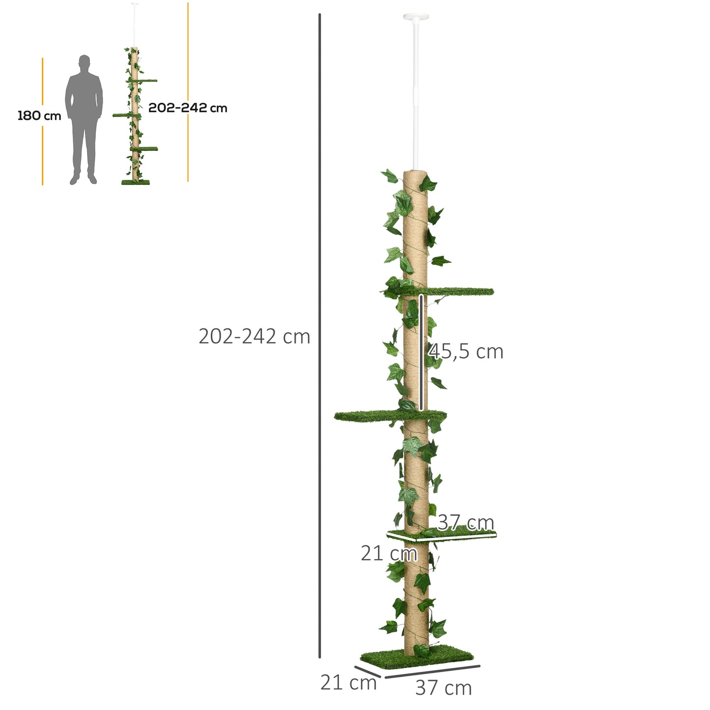 Pawhut Árbol para Gatos de Suelo a Techo de 202-242 cm Torre para Gatos con 3 Plataformas Postes Rascadores Altura Ajustable y Decoración de Hoja de Arce Verde