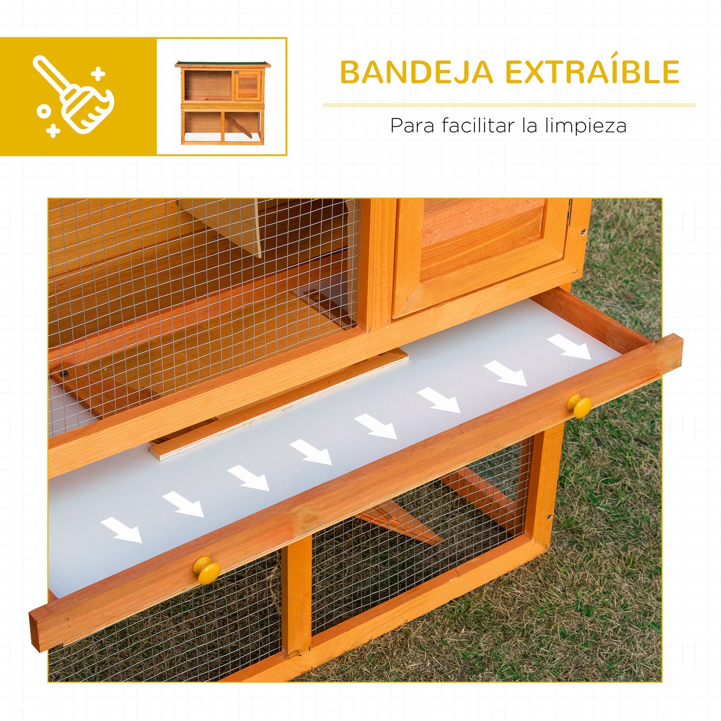 PawHut Conejera de Madera 90x45x80 cm Jaula para Conejos con Corral de Metal Techo Asfáltico Bandeja Extraíble y Rampa Natural