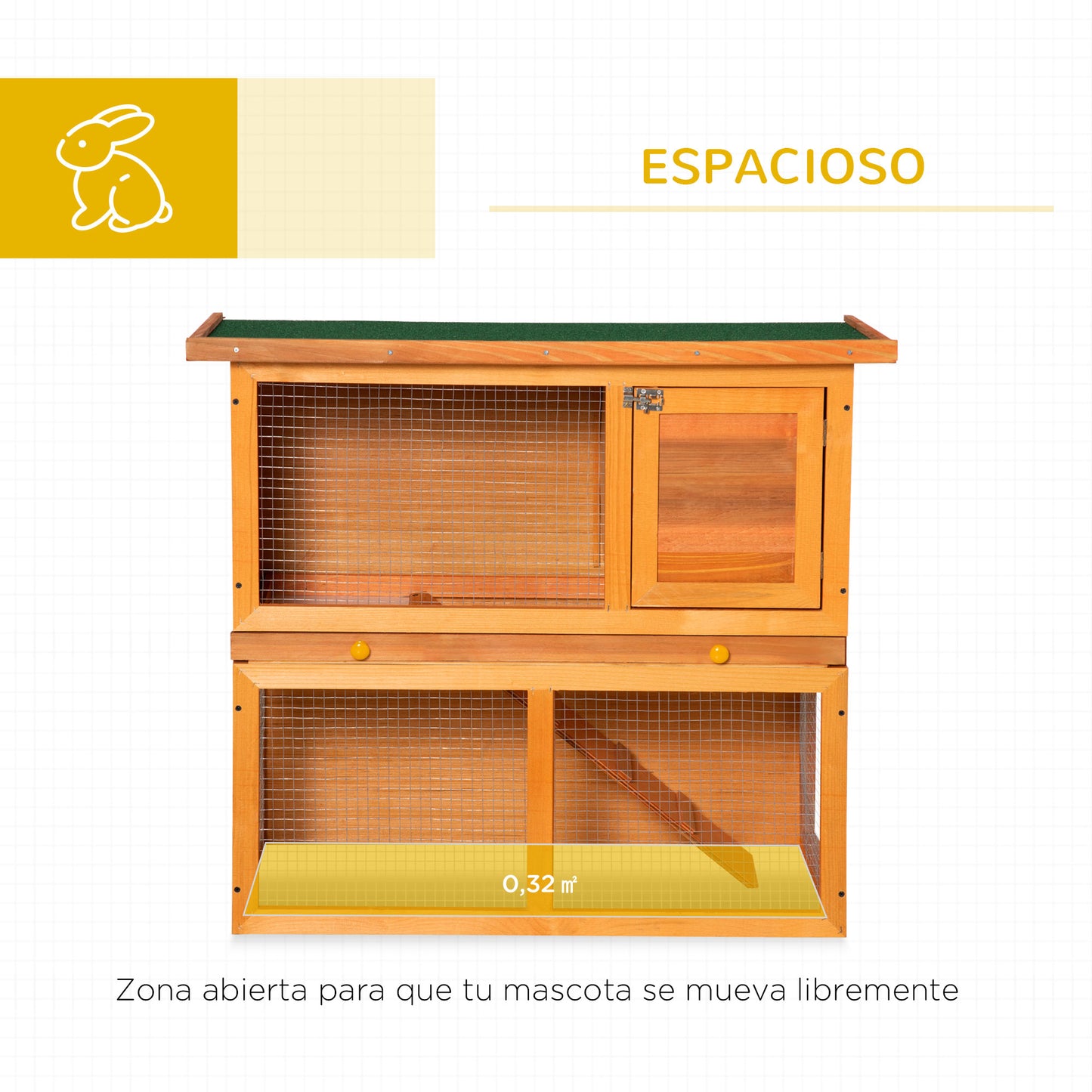 PawHut Conejera de Madera 90x45x80 cm Jaula para Conejos con Corral de Metal Techo Asfáltico Bandeja Extraíble y Rampa Natural