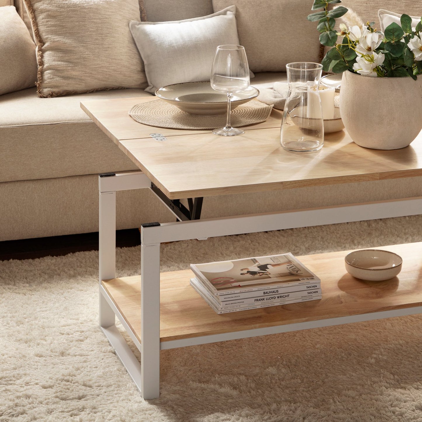 Mesa de centro elevable y extensible en madera de roble con pata blanca Alvi -  Klast