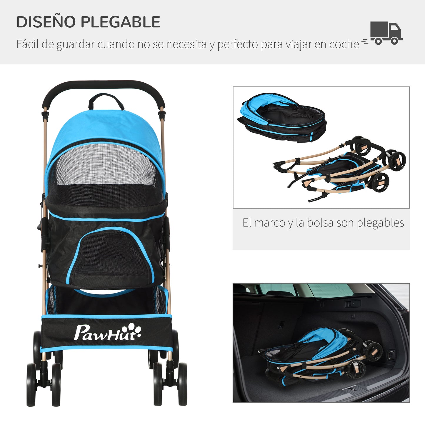 PawHut Carrito para Perros Plegable 3 en 1 Cochecito para Mascotas Carrito para Perros Pequeños con Vagón Desmontable Cesta de Almacenaje Correas de Seguridad y Cojín Azul