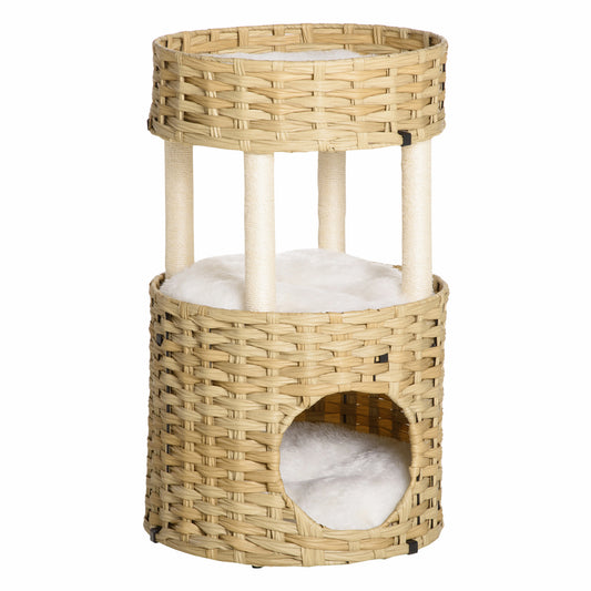 PawHut Árbol Rascador para Gatos de Ratán Torre de Gatos Mediano con Cueva 2 Camas Postes de Sisal Natural y Cojines Lavables de Felpa Suave Ø40,5x69 cm Natural