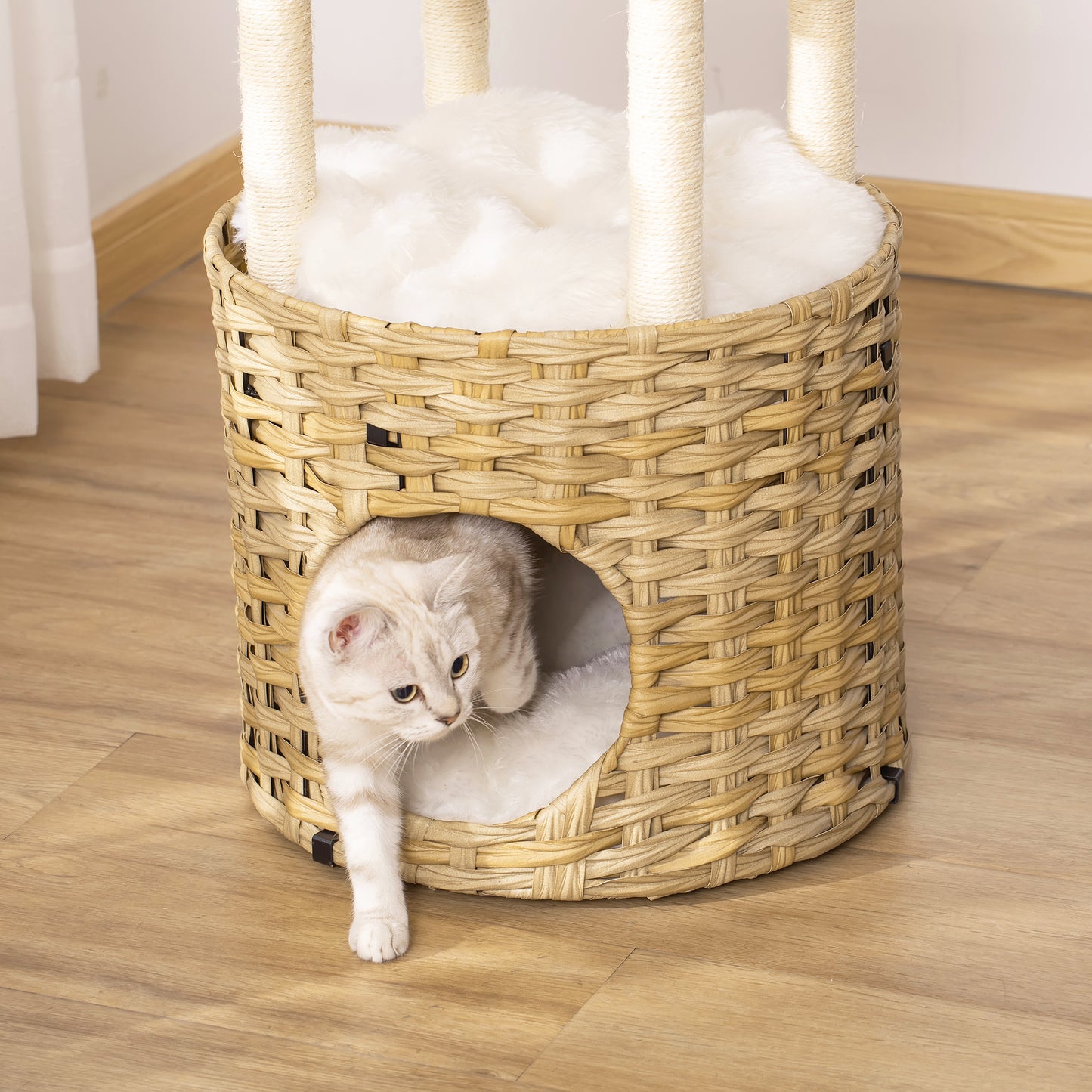 PawHut Árbol Rascador para Gatos de Ratán Torre de Gatos Mediano con Cueva 2 Camas Postes de Sisal Natural y Cojines Lavables de Felpa Suave Ø40,5x69 cm Natural