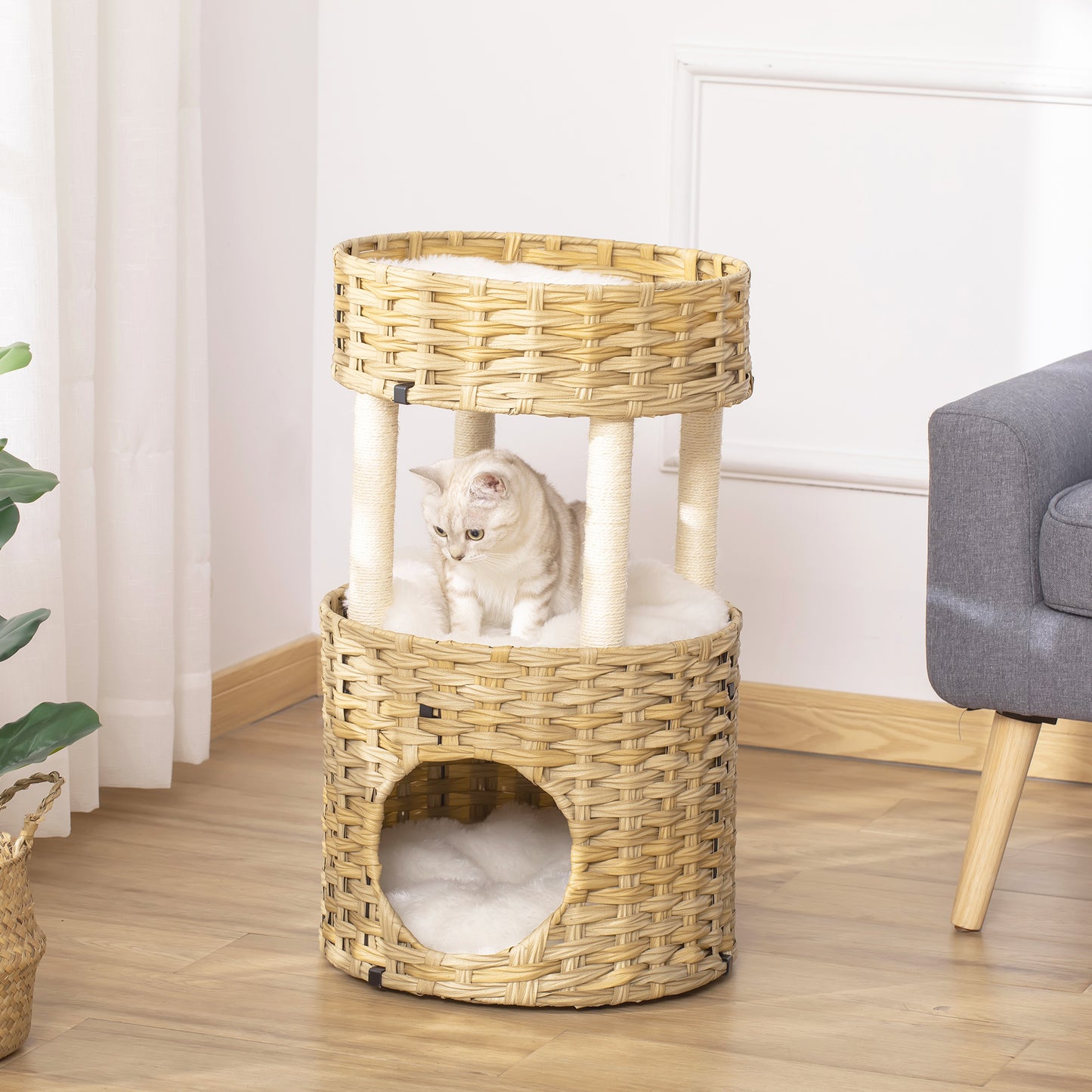 PawHut Árbol Rascador para Gatos de Ratán Torre de Gatos Mediano con Cueva 2 Camas Postes de Sisal Natural y Cojines Lavables de Felpa Suave Ø40,5x69 cm Natural