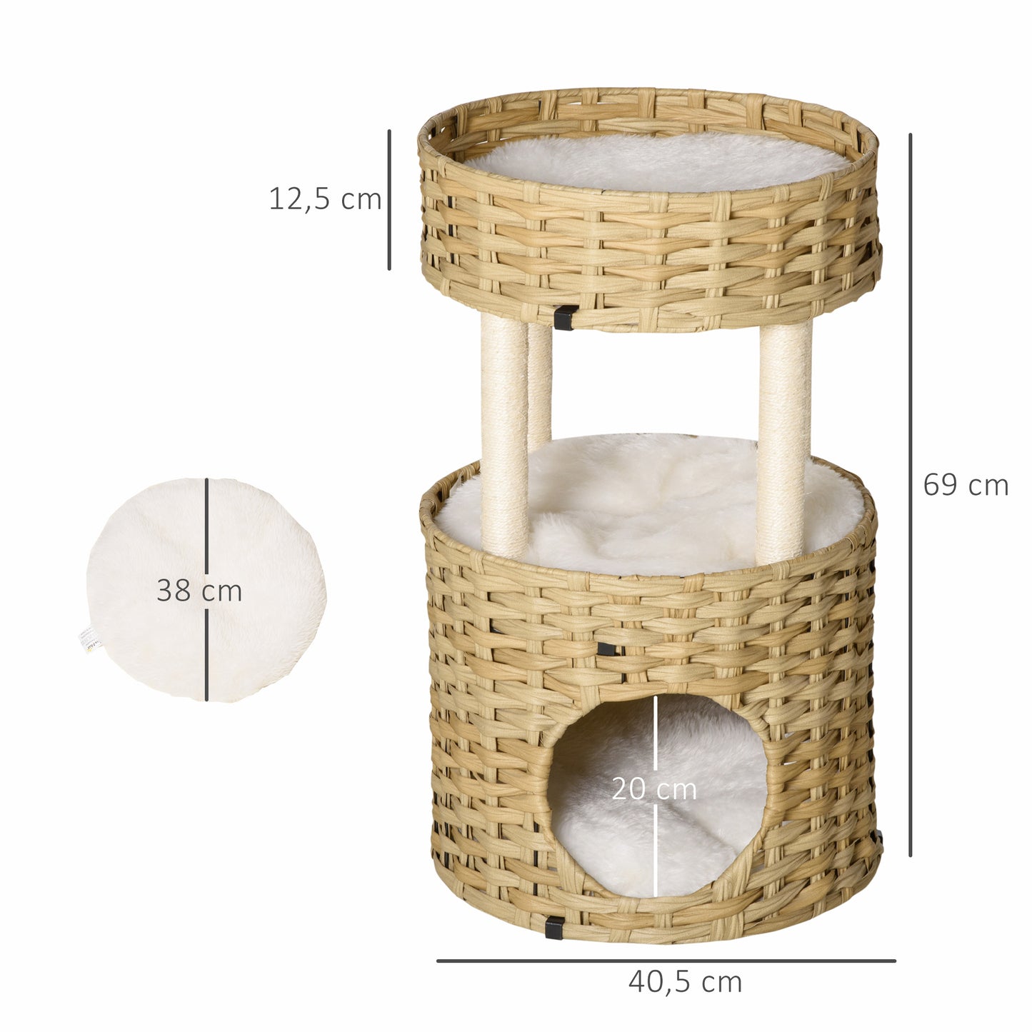 PawHut Árbol Rascador para Gatos de Ratán Torre de Gatos Mediano con Cueva 2 Camas Postes de Sisal Natural y Cojines Lavables de Felpa Suave Ø40,5x69 cm Natural