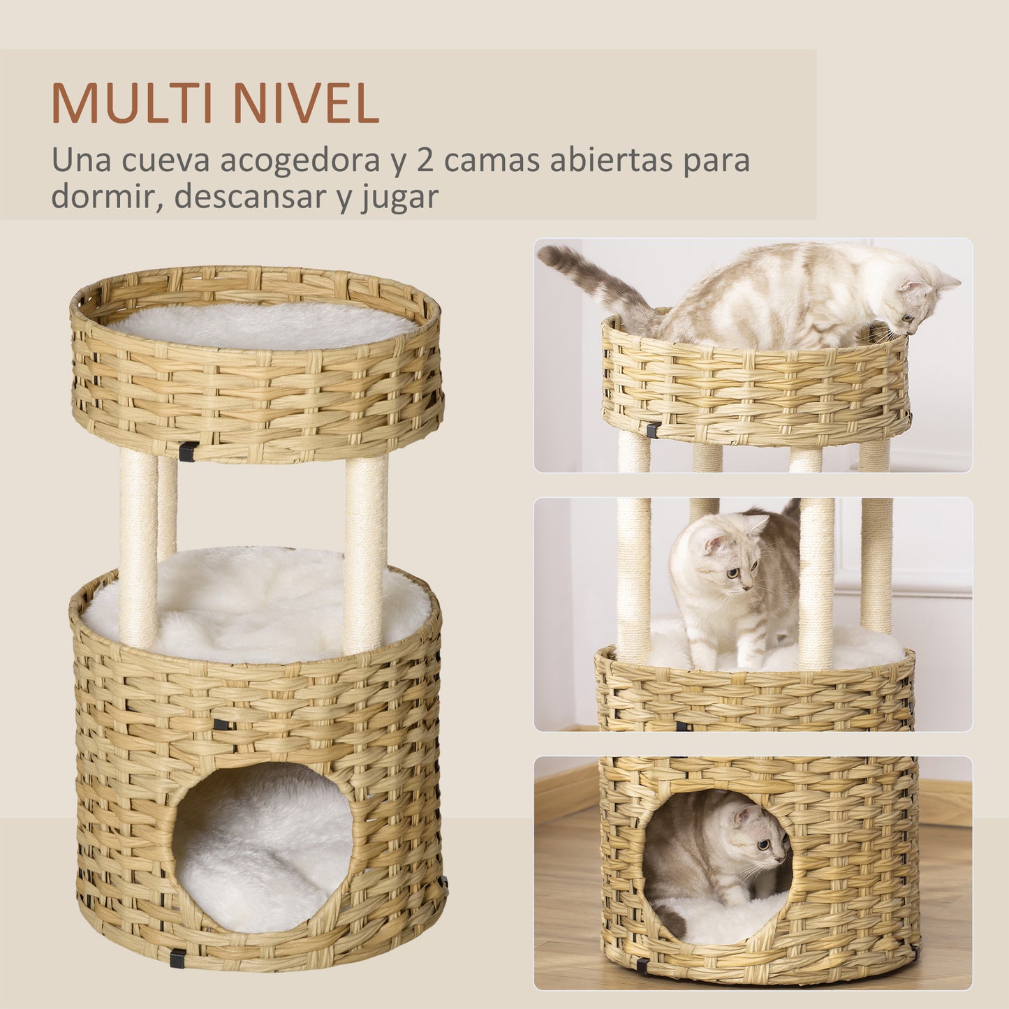 PawHut Árbol Rascador para Gatos de Ratán Torre de Gatos Mediano con Cueva 2 Camas Postes de Sisal Natural y Cojines Lavables de Felpa Suave Ø40,5x69 cm Natural