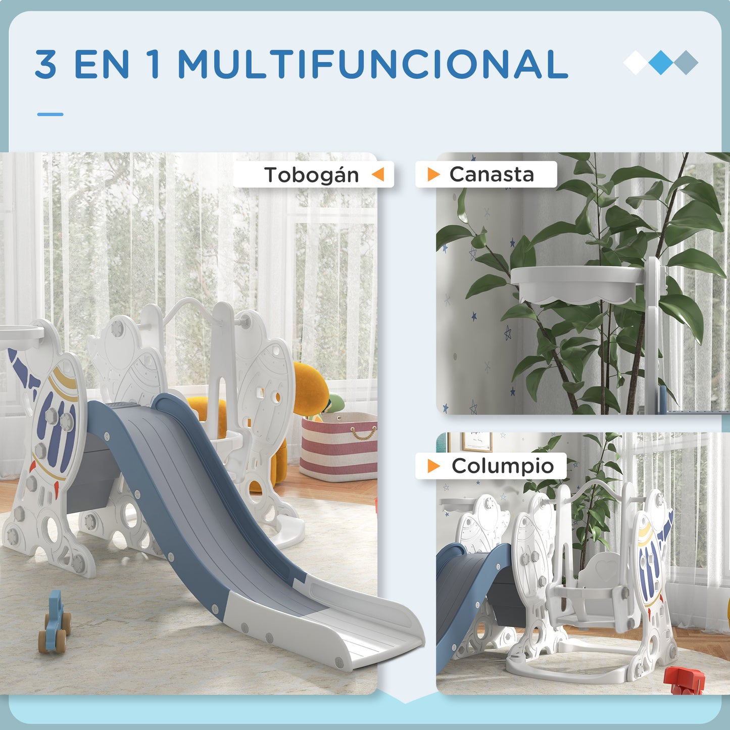 AIYAPLAY Juego de Tobogán y Columpio para Niños 3 en 1 Columpio para Niños de 18-48 Meses Tobogán para Bebés con Aro de Baloncesto Carga 30 kg 150x185x92 cm Blanco y Azul