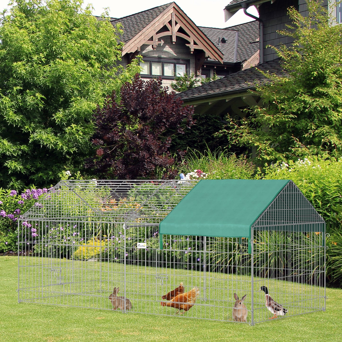 PawHut Jaula Recinto para Animales Pequeños 220x103x103 cm Jaula para Conejos Corral con 2 Puertas y Protección contra Solar para Conejo Gallinas Patos Exterior Jardín Patio Plata y Verde