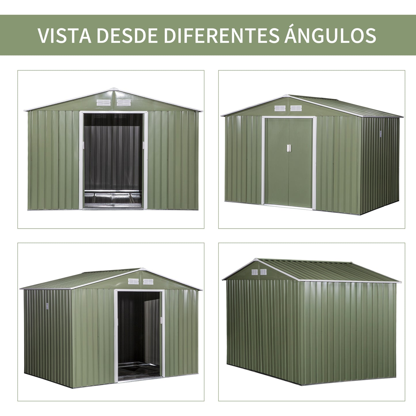 Outsunny Caseta de Jardín de Exterior Cobertizo de Jardín 4,9 m² 277x195x192 cm con 2 Puertas Corredizas Base Refuerzo (Suelo NO Incluido) para Patio Terraza Verde Claro