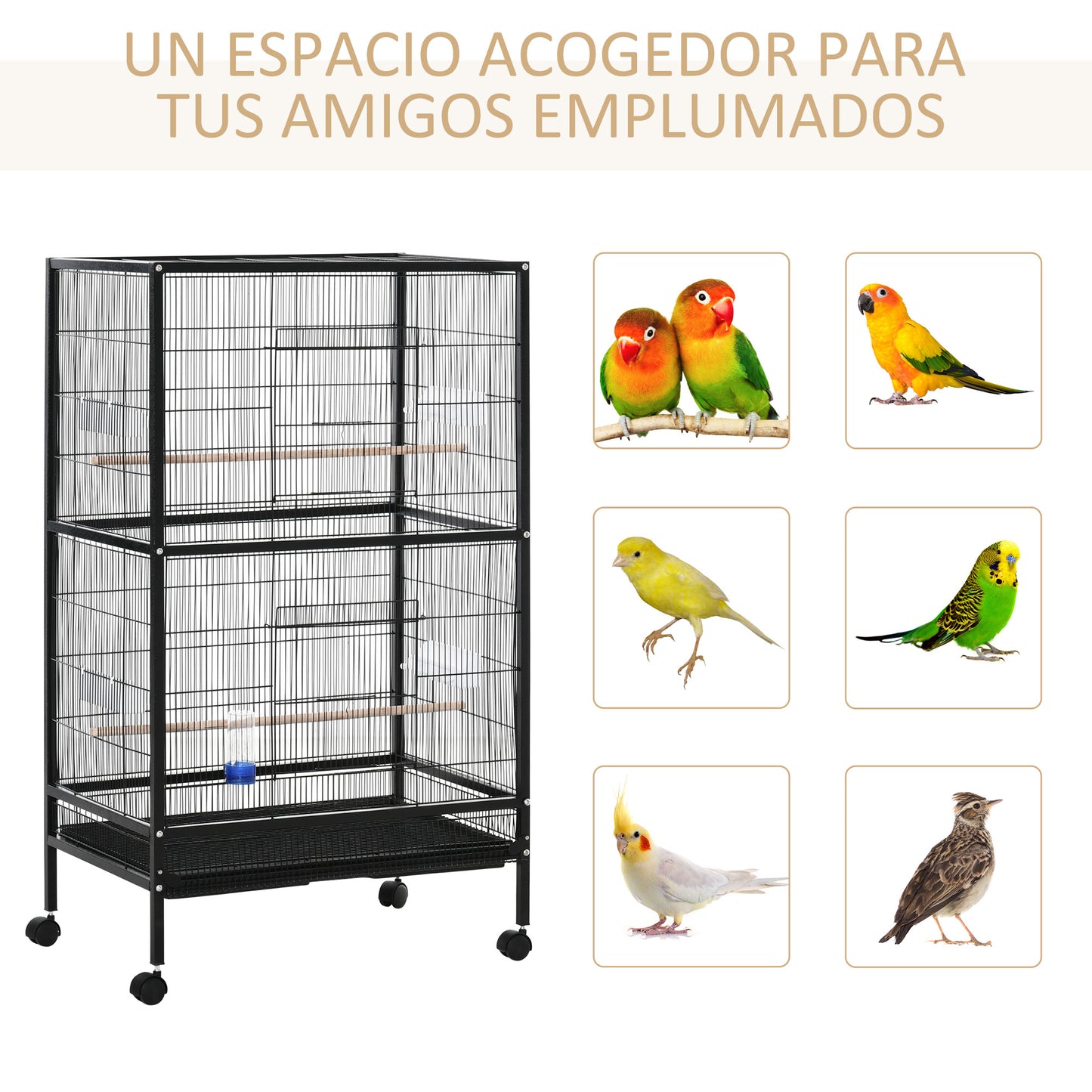 PawHut Jaula para Pájaros con 4 Ruedas Pajarera Metálica con Múltiples Puertas 4 Comederos Bebedero 2 Perchas y Bandeja para Loros Canarios Periquitos 79x52x137 cm Negro