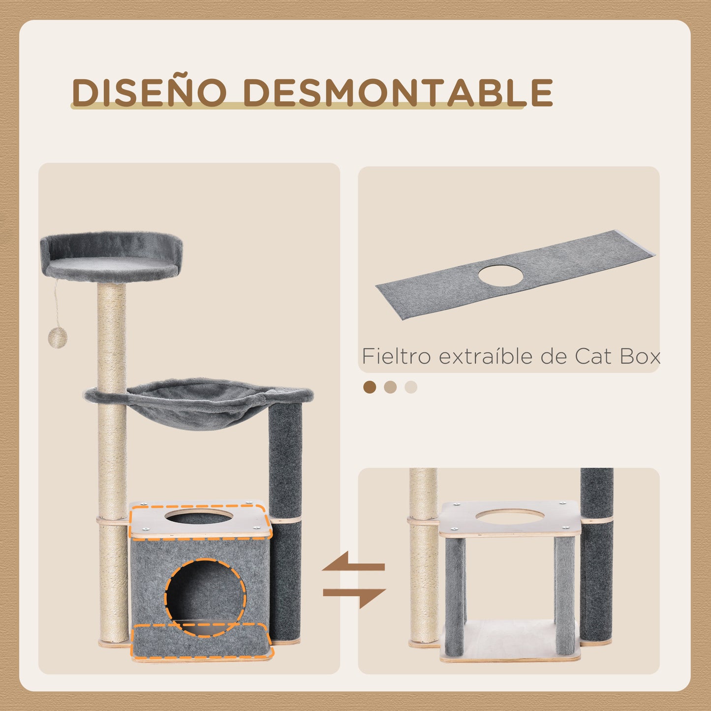 PawHut Árbol Rascador para Gatos 48x34x95 cm Torre para Gatos con Hamaca Plataformas Cueva Extraíble Bola Colgante y Postes de Sisal Gris