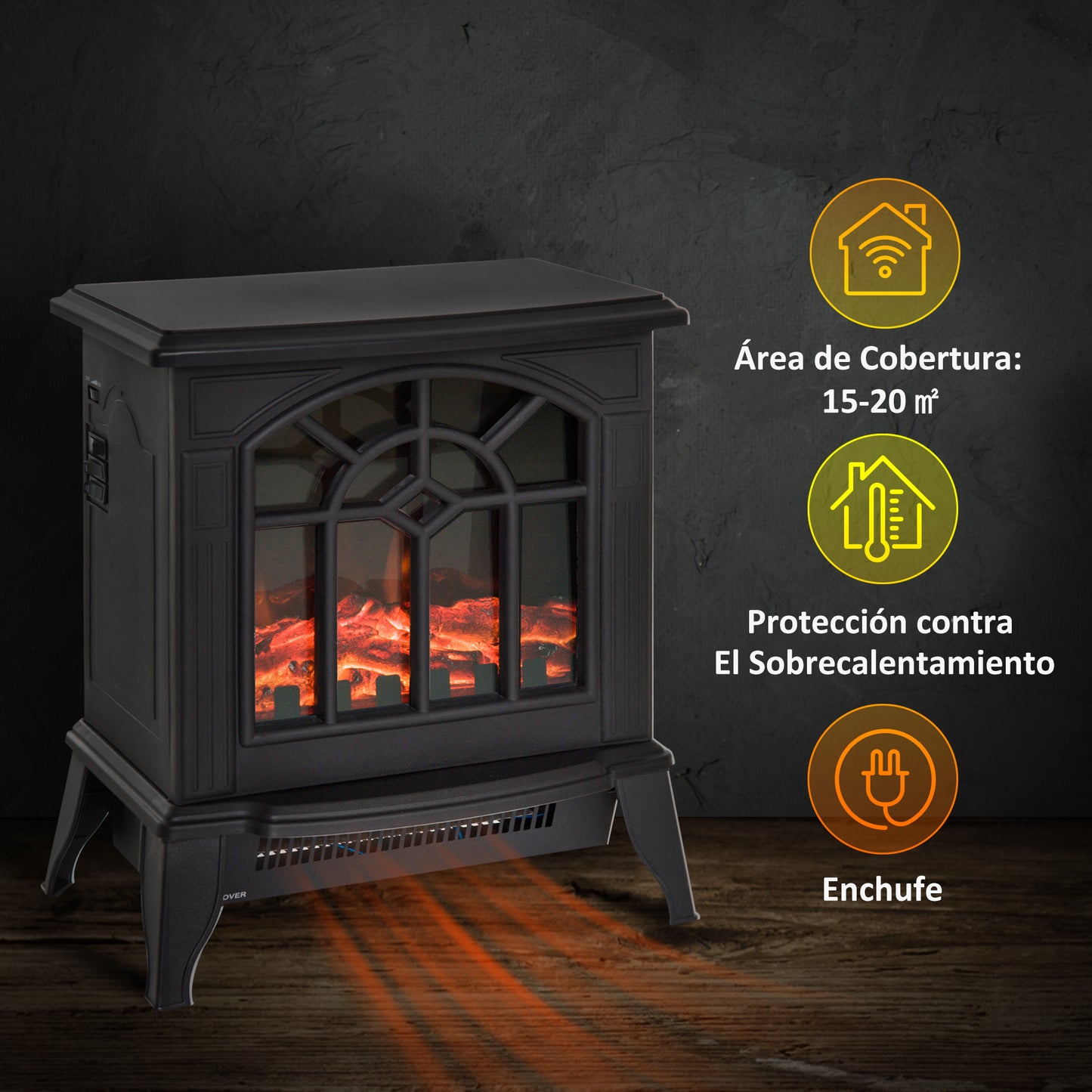 HOMCOM Chimenea Eléctrica 1000 W/2000 W Chimenea Decorativa con Temperatura Ajustable LED Llamas y Protección Sobrecalentamiento para 15-20 ㎡ 36,5x24x46 cm Negro