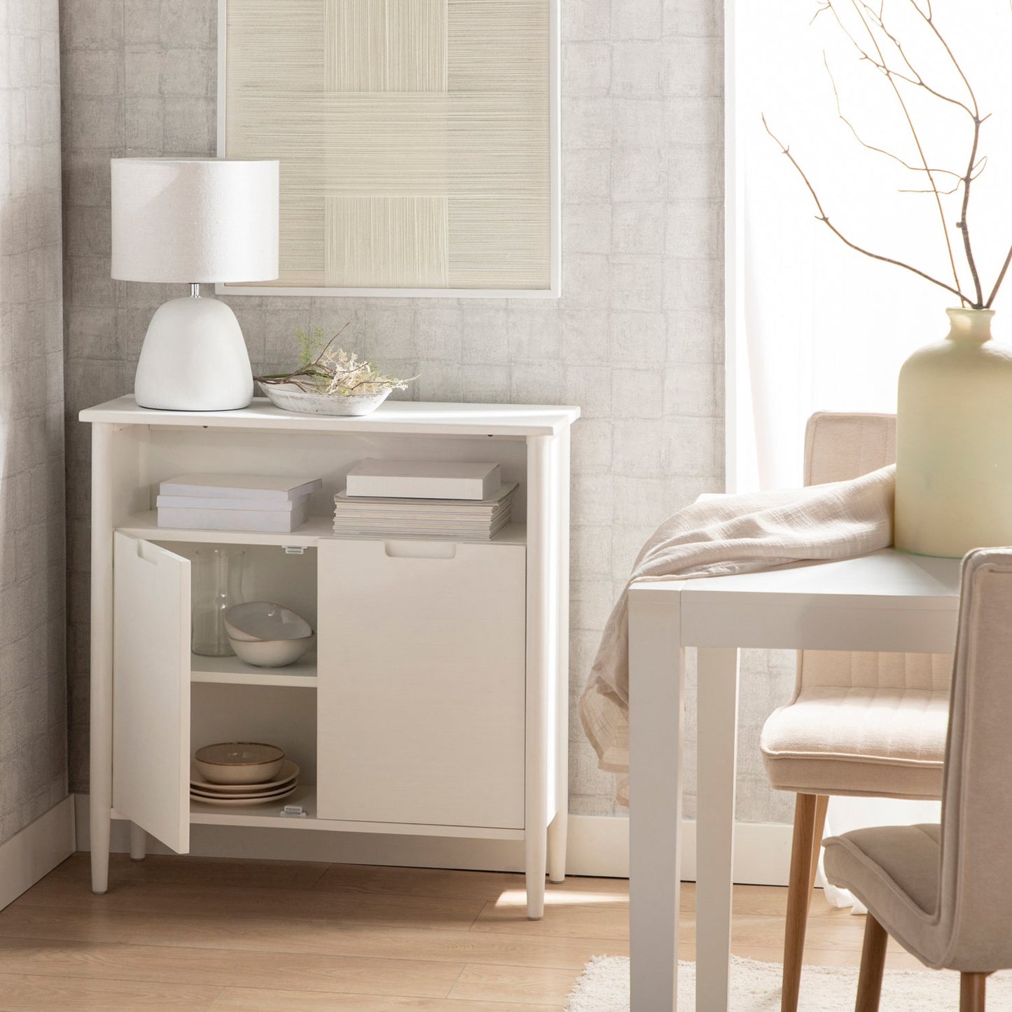 Mueble recibidor blanco en chapa de pino y madera de abedul Kenan -  Klast