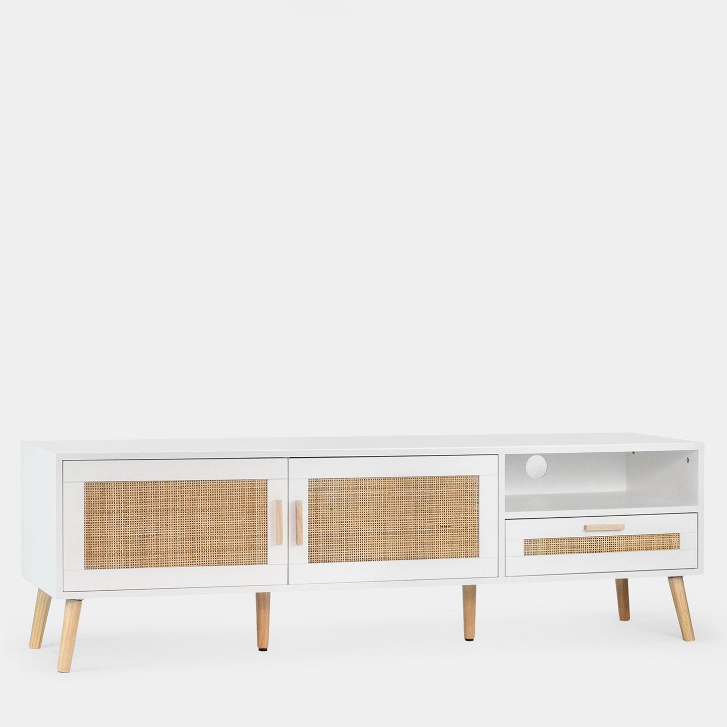 Mueble TV 160 en madera color blanco y ratán natural Tahiti -  Klast