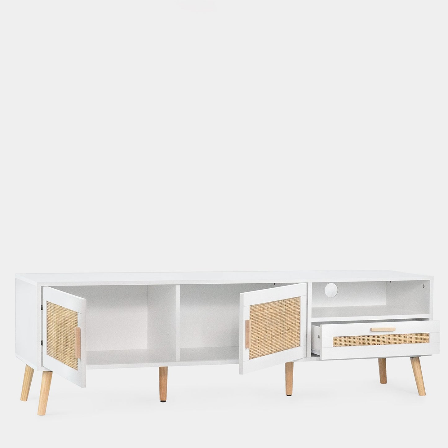 Mueble TV 160 en madera color blanco y ratán natural Tahiti -  Klast