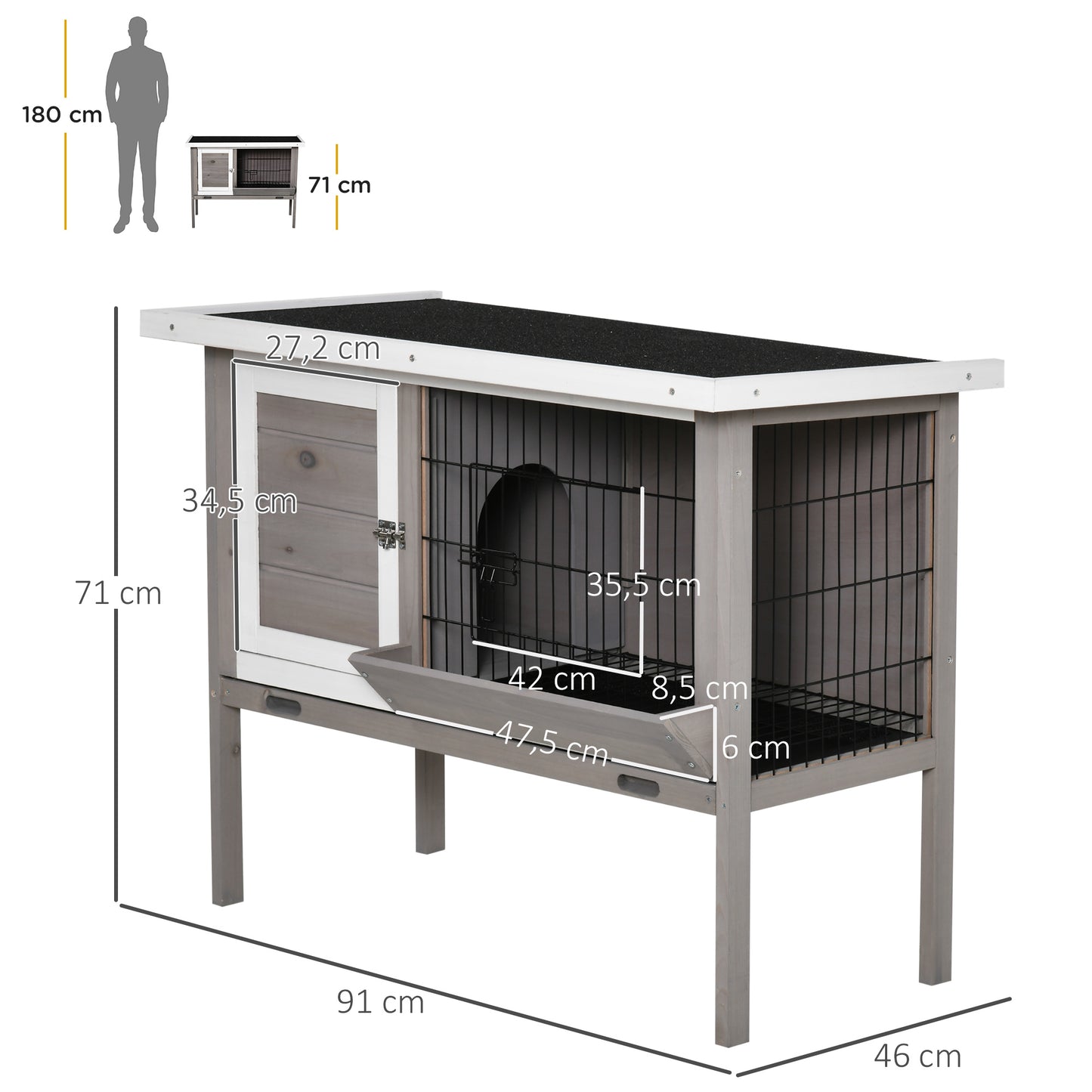 PawHut Conejera de Madera Exterior Jaula Elevada para Conejos Cobayas Animales Pequeños con Techo Asfáltico Abatible Comedero Bandejas Extraíbles y 2 Puertas 91x46x71 cm Gris