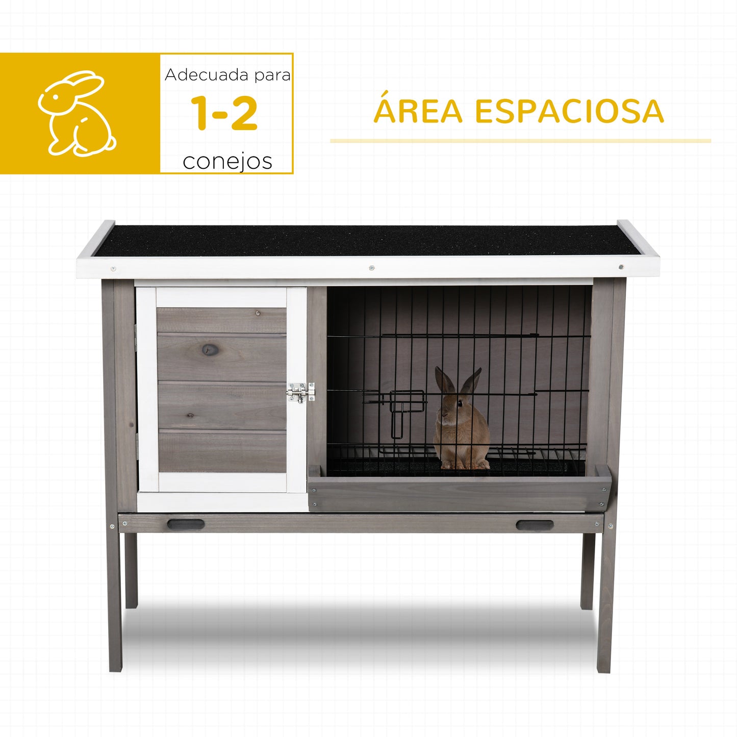 PawHut Conejera de Madera Exterior Jaula Elevada para Conejos Cobayas Animales Pequeños con Techo Asfáltico Abatible Comedero Bandejas Extraíbles y 2 Puertas 91x46x71 cm Gris