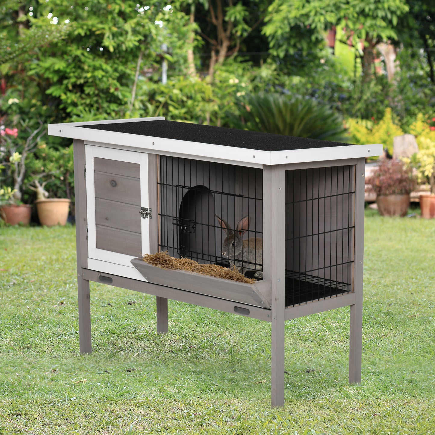 PawHut Conejera de Madera Exterior Jaula Elevada para Conejos Cobayas Animales Pequeños con Techo Asfáltico Abatible Comedero Bandejas Extraíbles y 2 Puertas 91x46x71 cm Gris