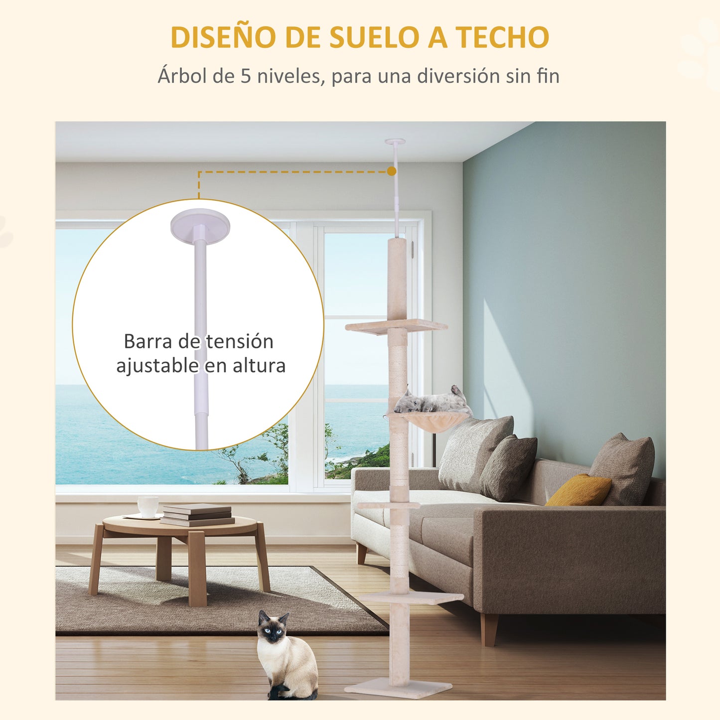 PawHut Árbol para Gatos de Suelo a Techo de 230-260 cm Torre para Gatos con Altura Ajustable Plataformas Hamaca y Postes de Sisal Beige