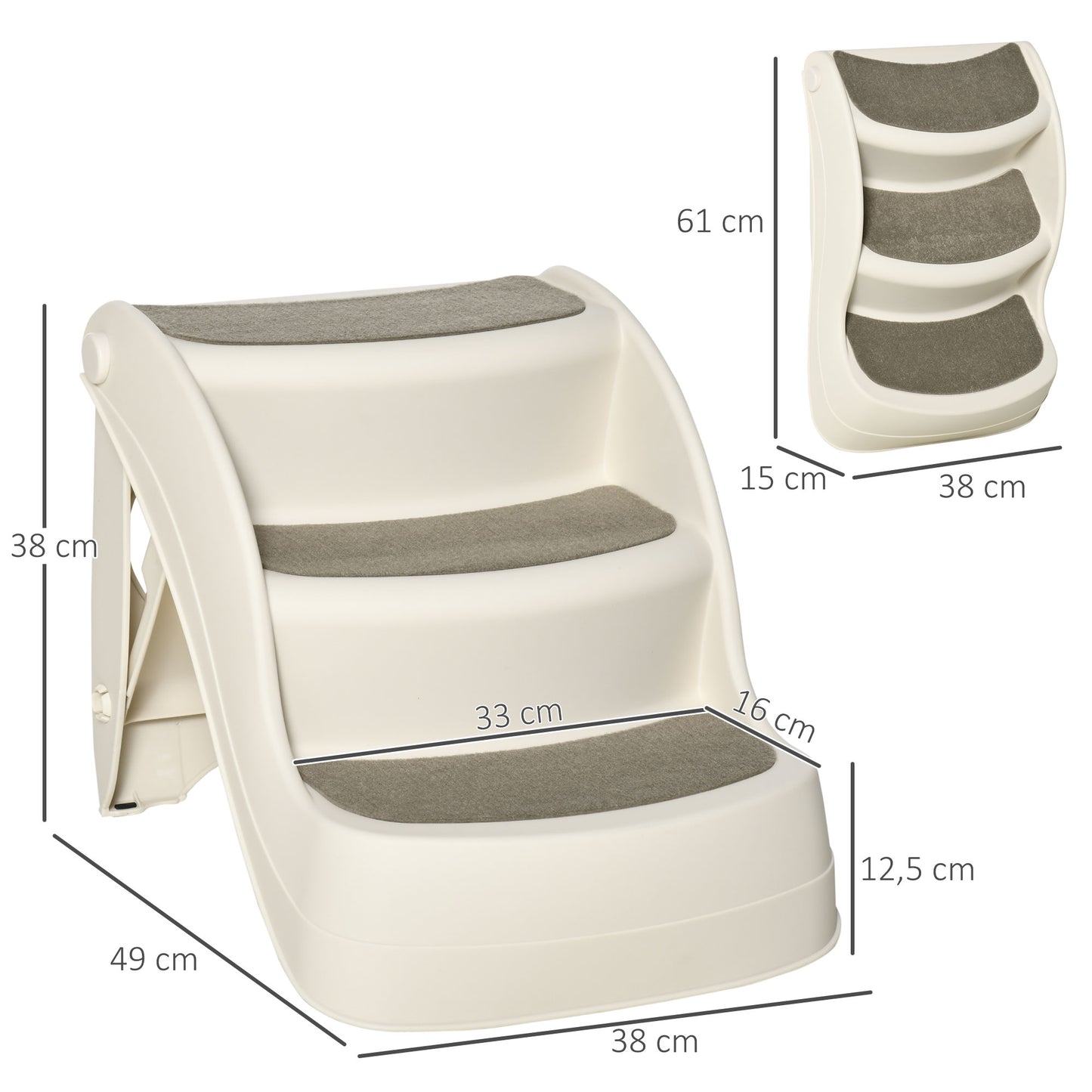 PawHut Escalera para Perros de 3 Peldaños Plegable Escalón de Plástica para Mascotas con Alfombras Antideslizantes para Cama Sofá Carga 15 kg 49x38x38 cm Crema