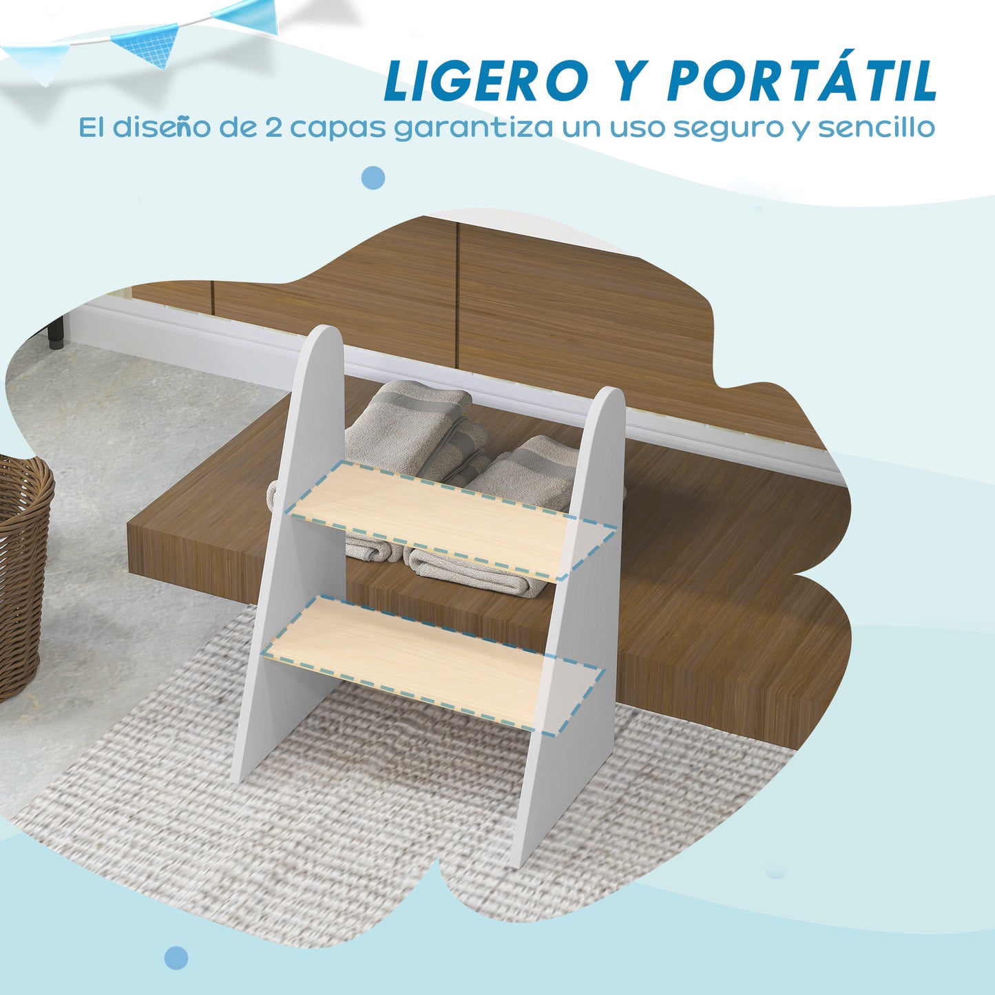 AIYAPLAY Taburete para Niños de 2 Peldaños Torre de Aprendizaje Escalera para Niños de +3 Años para Baño Cocina Librería Dormitorio Blanco