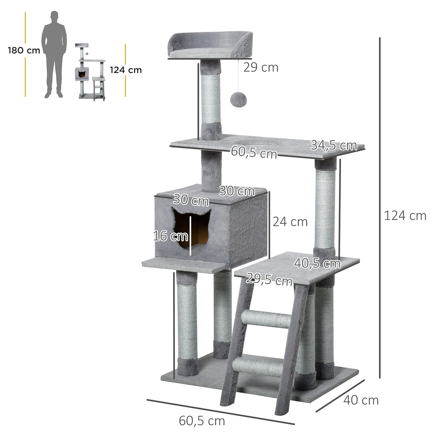 PawHut Árbol Rascador para Gatos Grande Altura 124 cm Torre de Escalada con Plataformas Escalera Cueva Postes de Yute y Bola Colgante Juego y Descanso 60,5x40x124 cm Gris