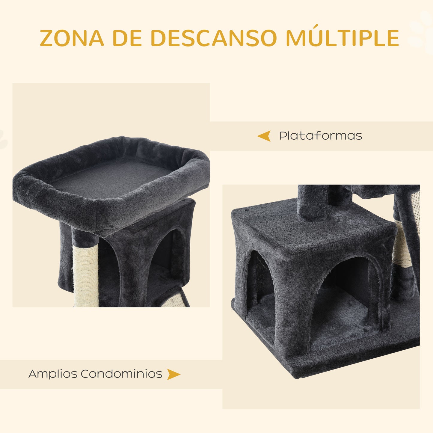 PawHut Árbol Múltiples Actividades para Gatos Centro de Juegos para Mascotas con Postes y Tablero Rascador Cuevas Cama con Borde Elevado Tacto Suave 59x39x83 cm Gris Oscuro