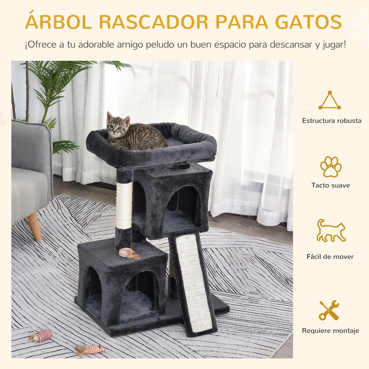 PawHut Árbol Múltiples Actividades para Gatos Centro de Juegos para Mascotas con Postes y Tablero Rascador Cuevas Cama con Borde Elevado Tacto Suave 59x39x83 cm Gris Oscuro