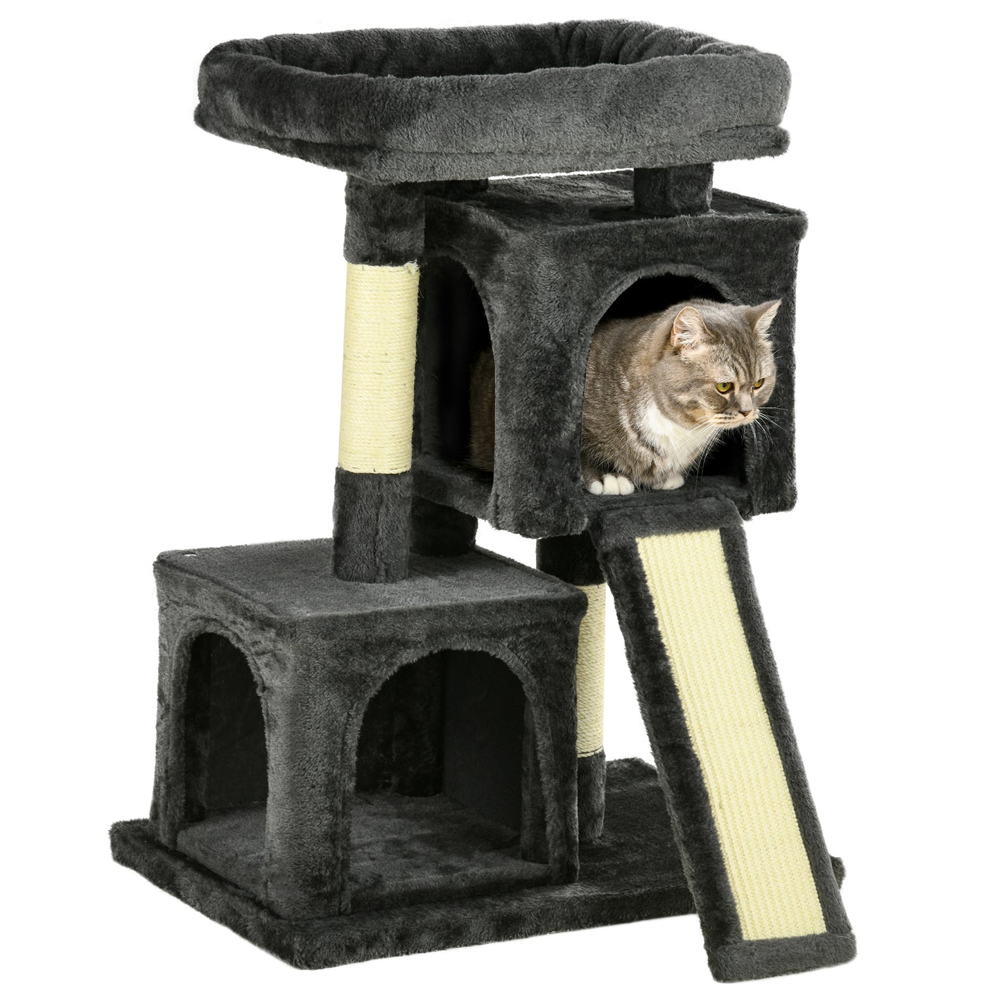 PawHut Árbol Múltiples Actividades para Gatos Centro de Juegos para Mascotas con Postes y Tablero Rascador Cuevas Cama con Borde Elevado Tacto Suave 59x39x83 cm Gris Oscuro