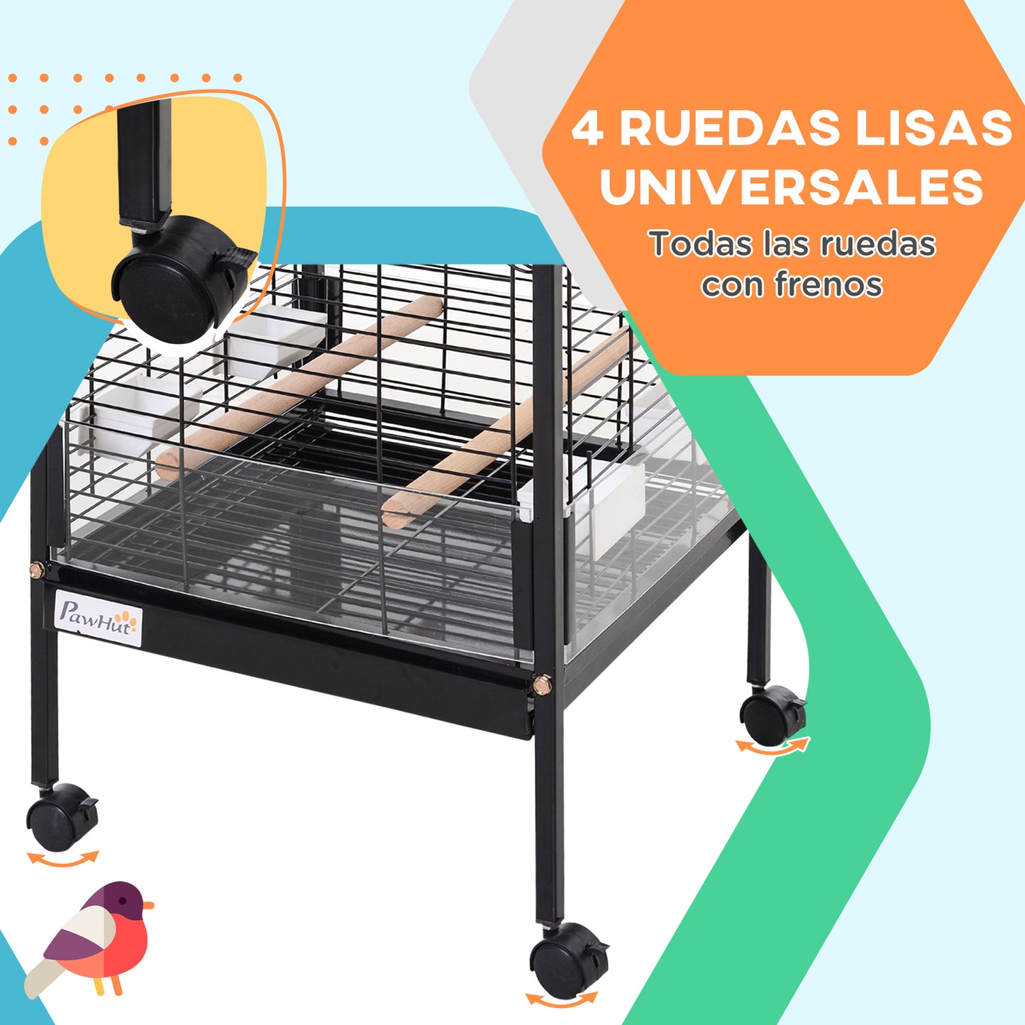 PawHut Jaula para Pájaro Metálica con 3 Perchas de Madera Extraíbles Espaciosa para Loros Canarios Cotorra Papagayo con 4 Ruedas 54x54x151 cm Negro