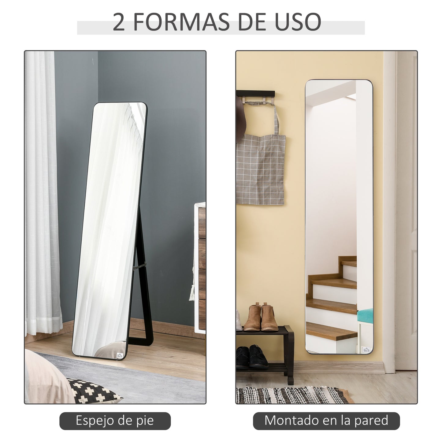 HOMCOM Espejo de Pie Cuerpo Entero Rectangular Espejo de Pared con 2 Formas de Uso Marco de Madera de Pino Moderno para Pasillo Dormitorio Sala de Estar 37x43x156 cm Negro