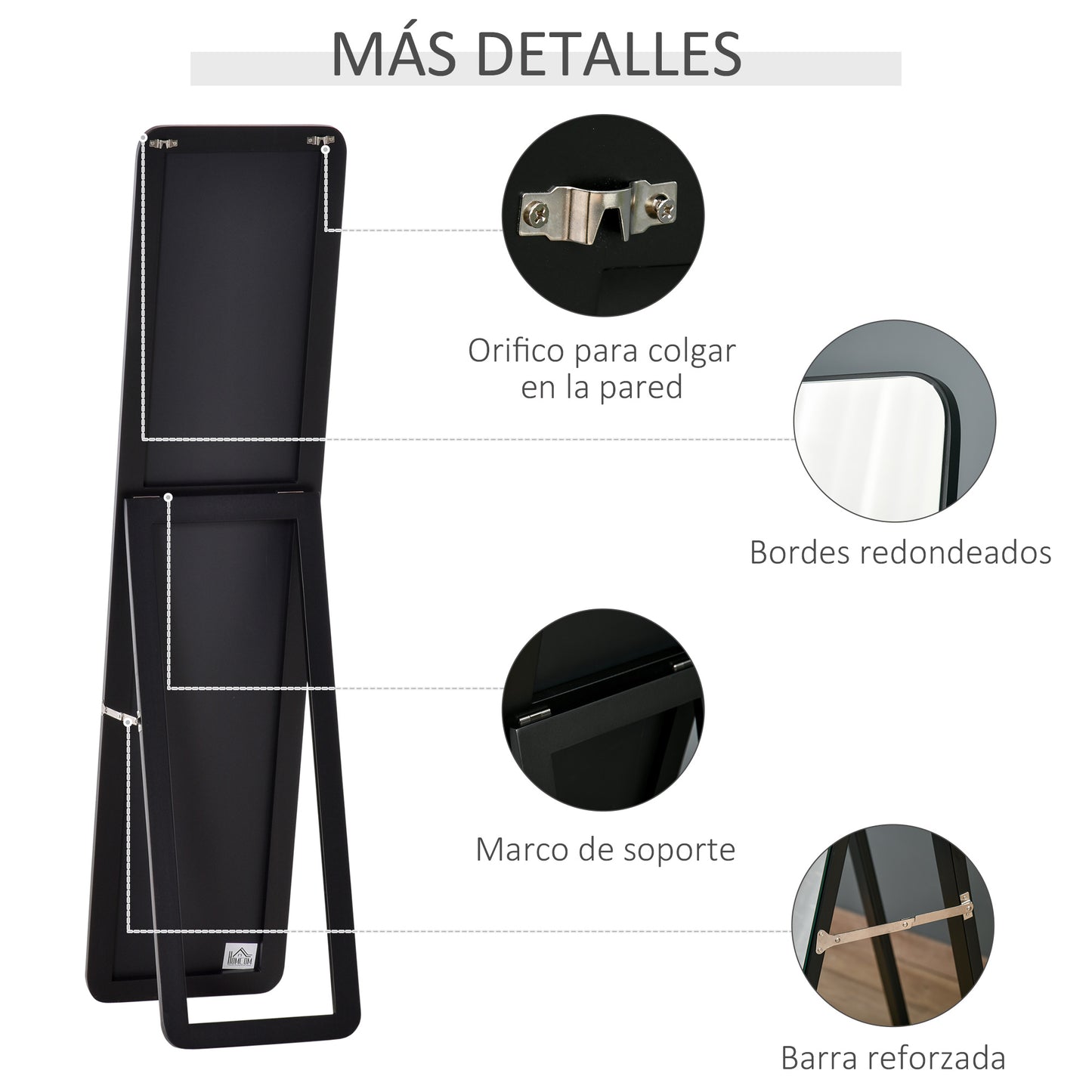 HOMCOM Espejo de Pie Cuerpo Entero Rectangular Espejo de Pared con 2 Formas de Uso Marco de Madera de Pino Moderno para Pasillo Dormitorio Sala de Estar 37x43x156 cm Negro